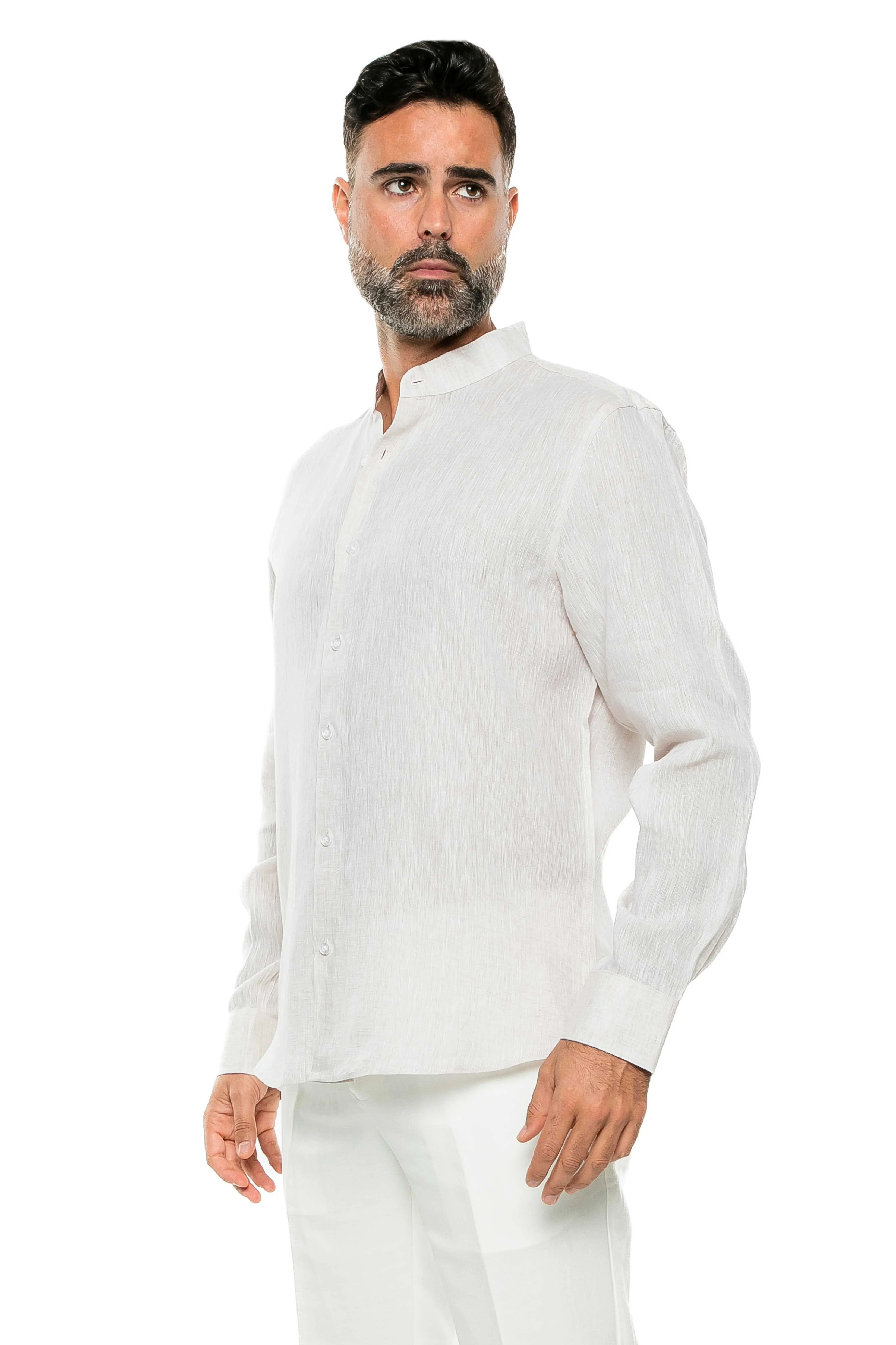 100% Linen Yarn Dyed Mandarin Collar Long Sleeve Shirt