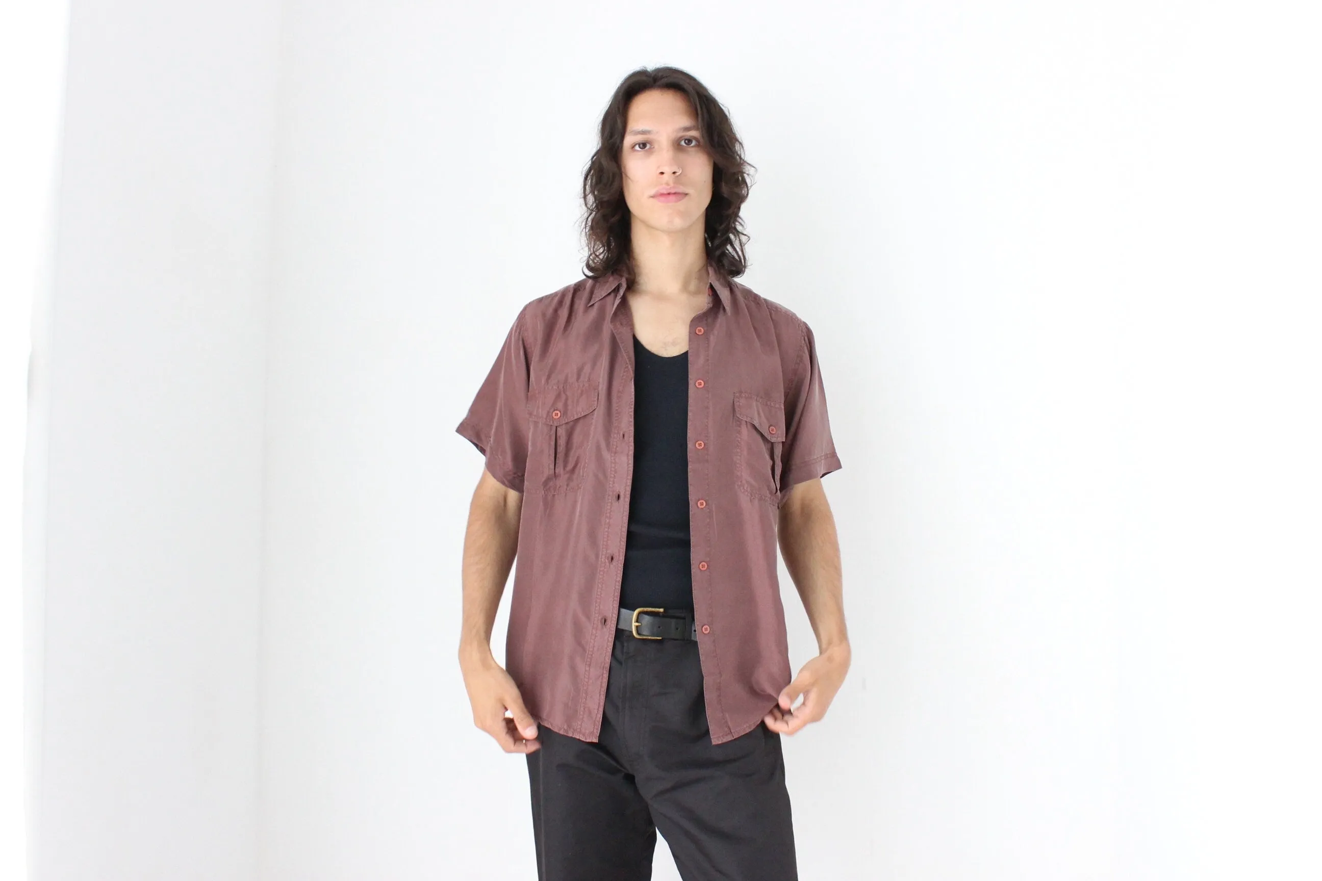 80s MATTE SILK Boxy Double Pocket Shirt in Mauve
