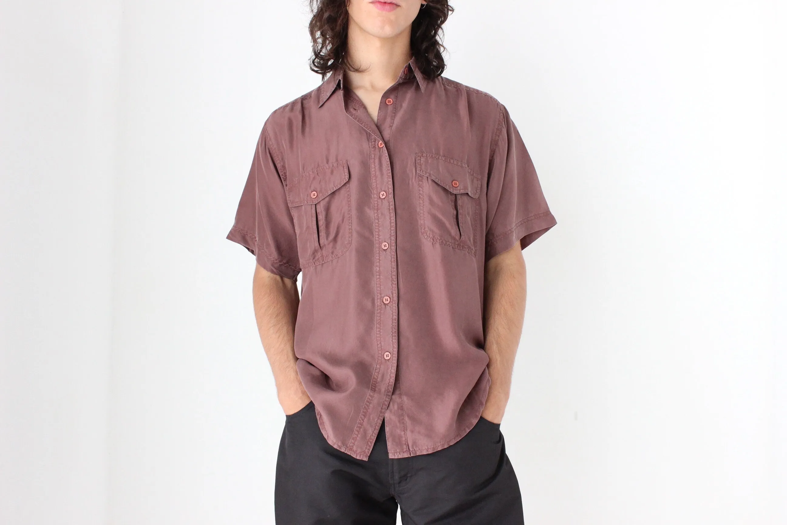 80s MATTE SILK Boxy Double Pocket Shirt in Mauve