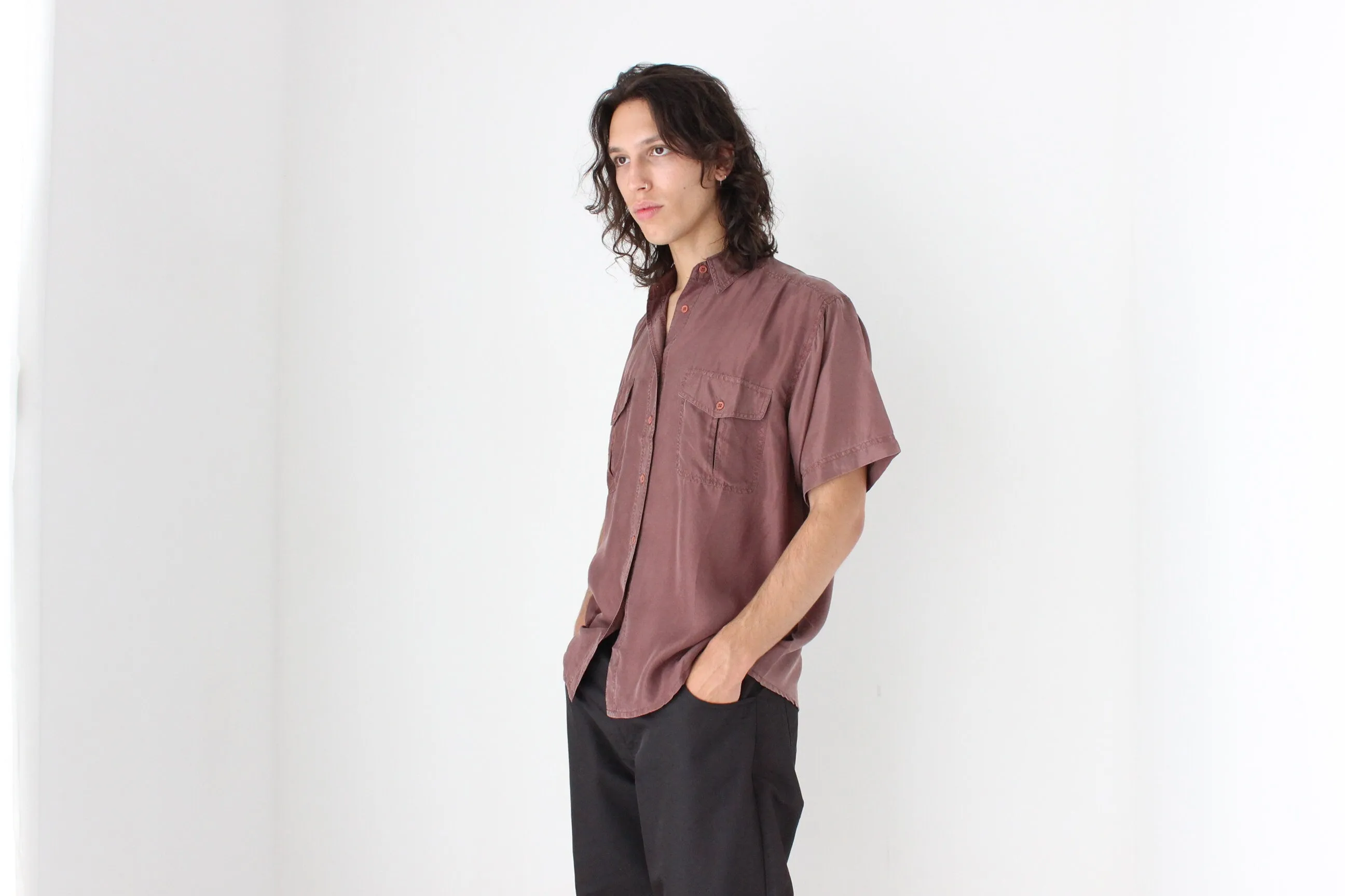 80s MATTE SILK Boxy Double Pocket Shirt in Mauve