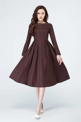A line long sleeves brown linen dress for spring 1700#
