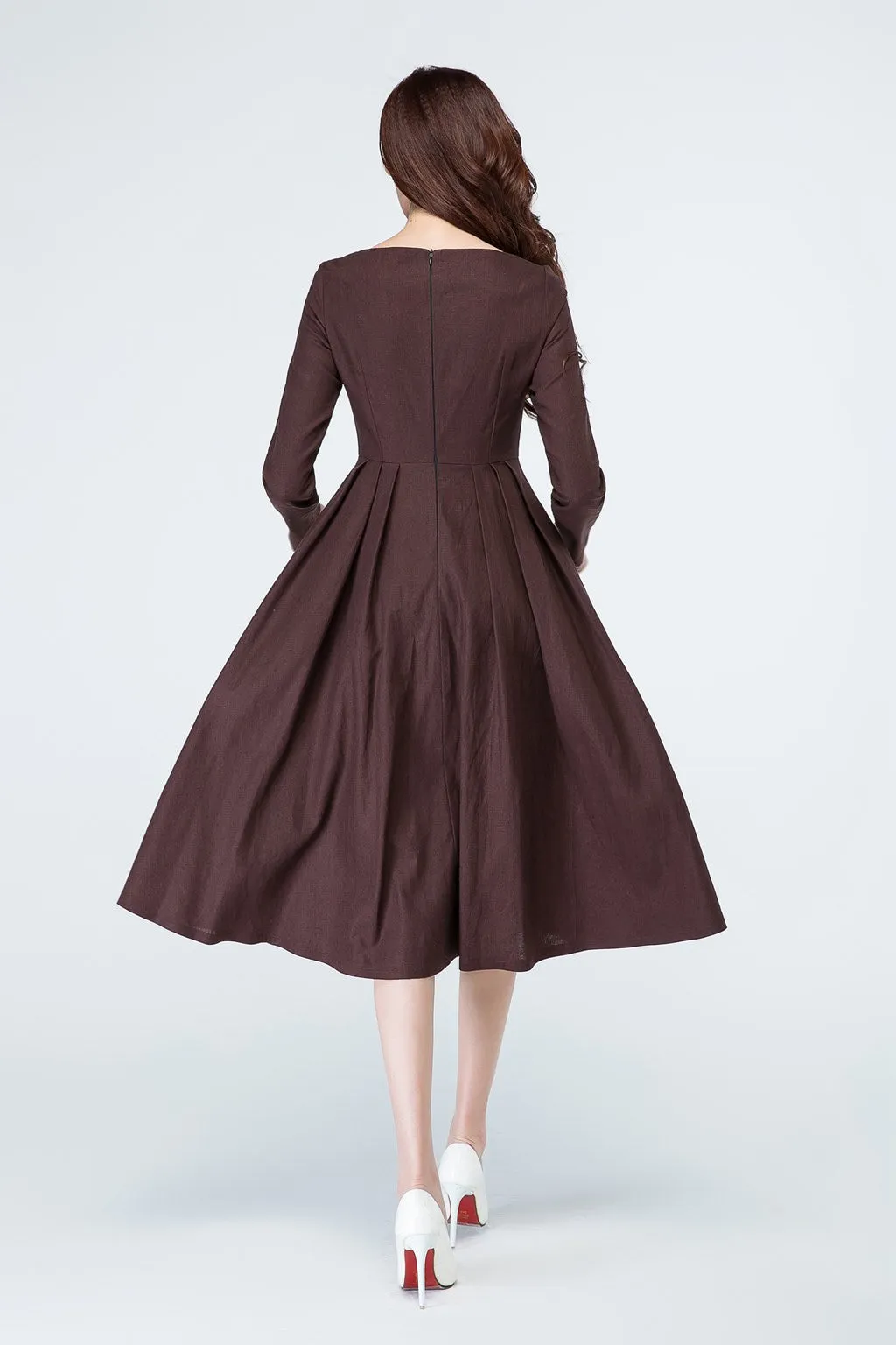 A line long sleeves brown linen dress for spring 1700#