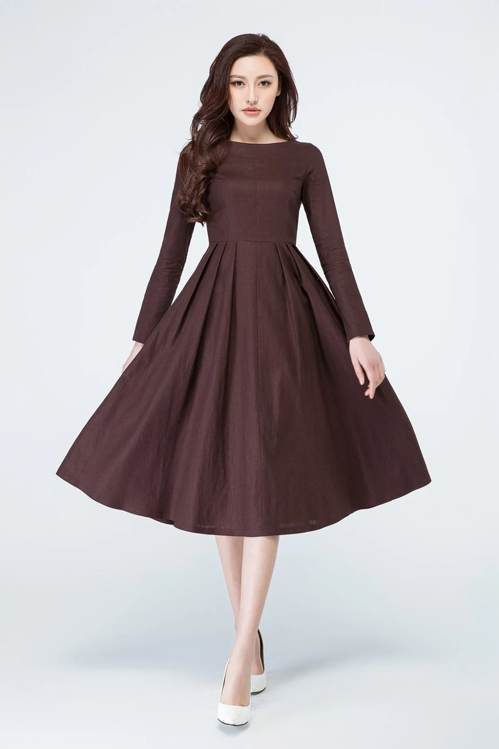 A line long sleeves brown linen dress for spring 1700#