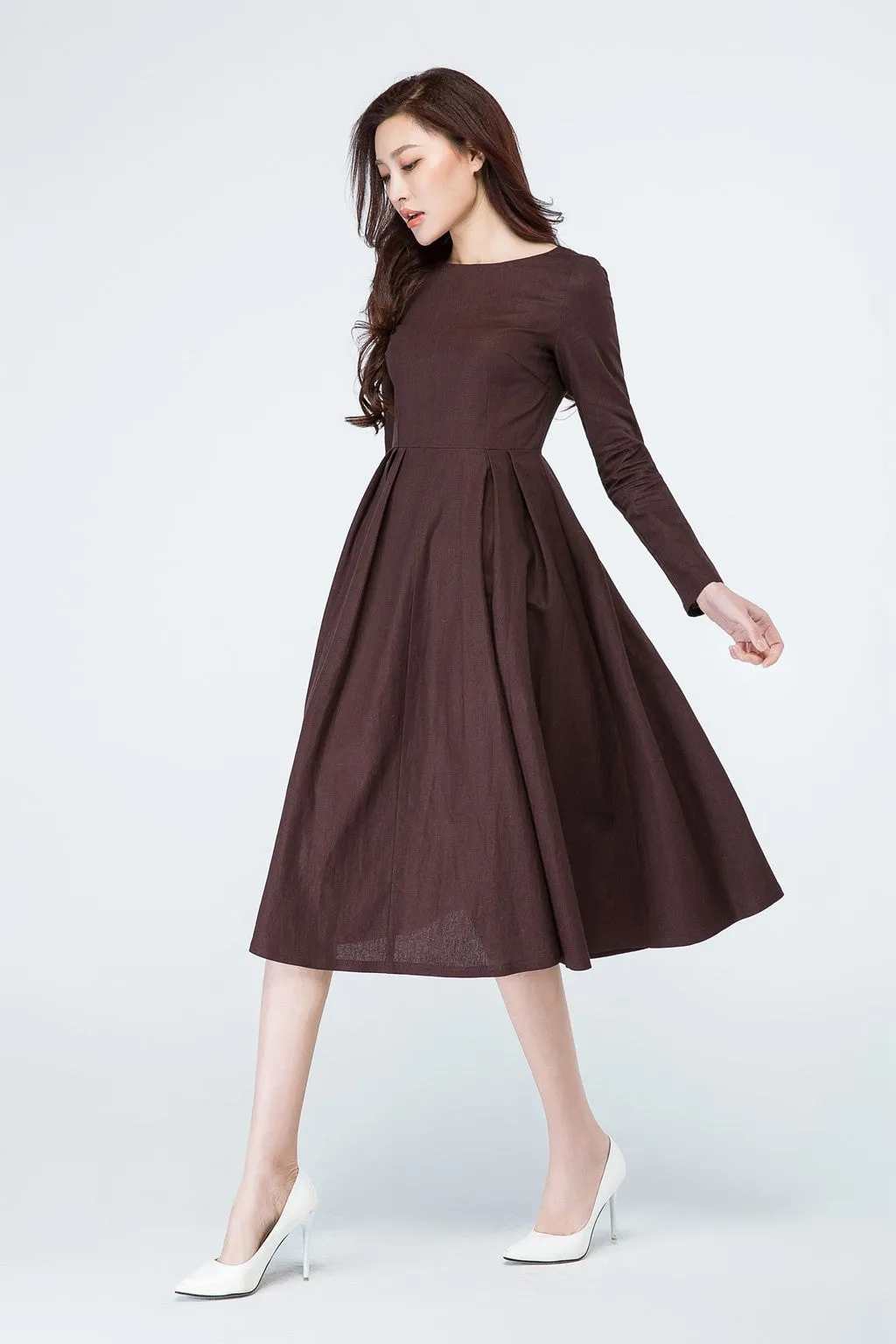 A line long sleeves brown linen dress for spring 1700#