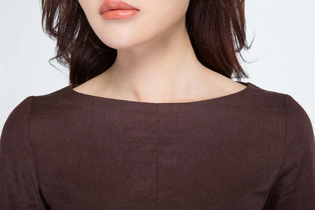 A line long sleeves brown linen dress for spring 1700#
