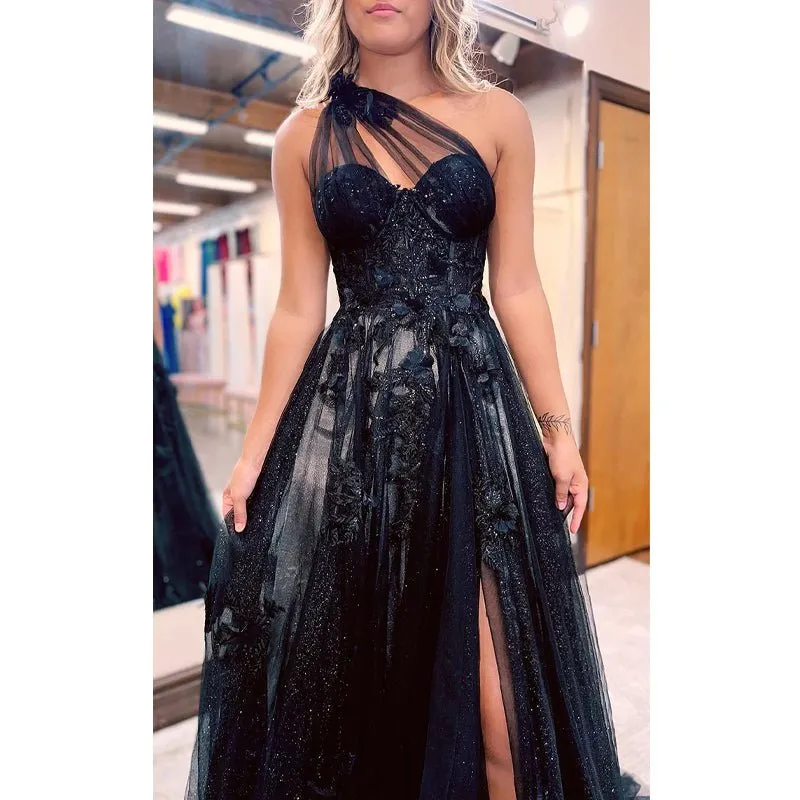 A-line One Shouler Appliques Sparkly Prom Dress