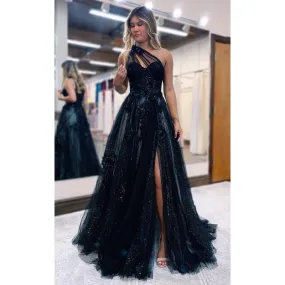 A-line One Shouler Appliques Sparkly Prom Dress