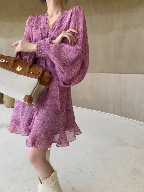 Aconiconi｜French style elegant printed floral chiffon summer dress - Nikol