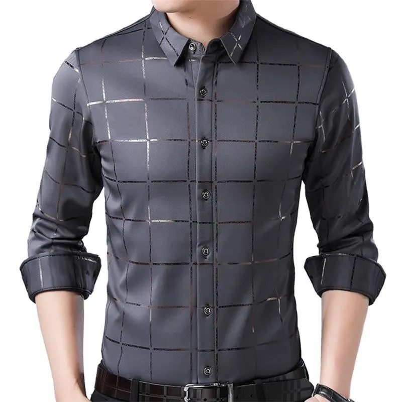 Angelo Ricci™ Brand Luxury Plaid Long Sleeve Slim Fit Dress Shirt