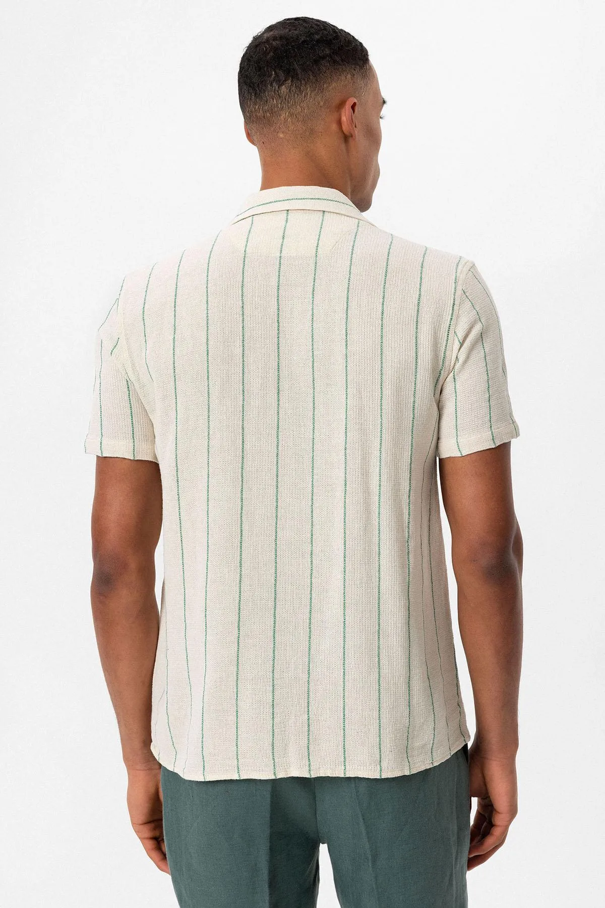 ANT Striped Cropped Collar Short Sleeve Linen Shirt - Bootle