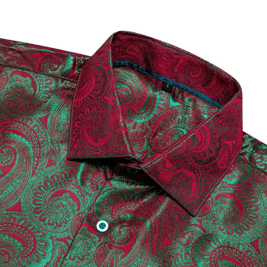 Barry Wang Button Down Shirt Green Red Silk Paisley Men's Shirt