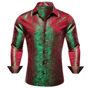 Barry Wang Button Down Shirt Green Red Silk Paisley Men's Shirt