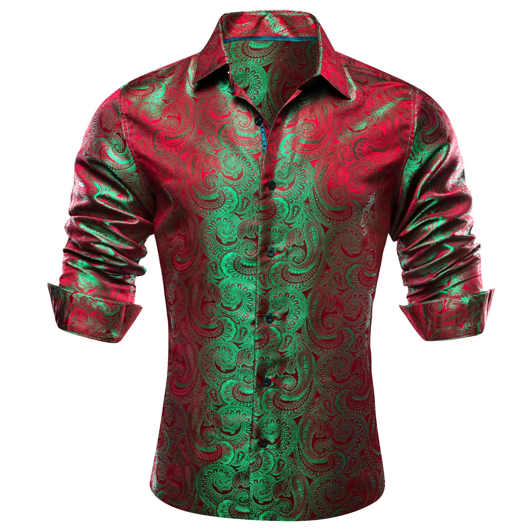 Barry Wang Button Down Shirt Green Red Silk Paisley Men's Shirt