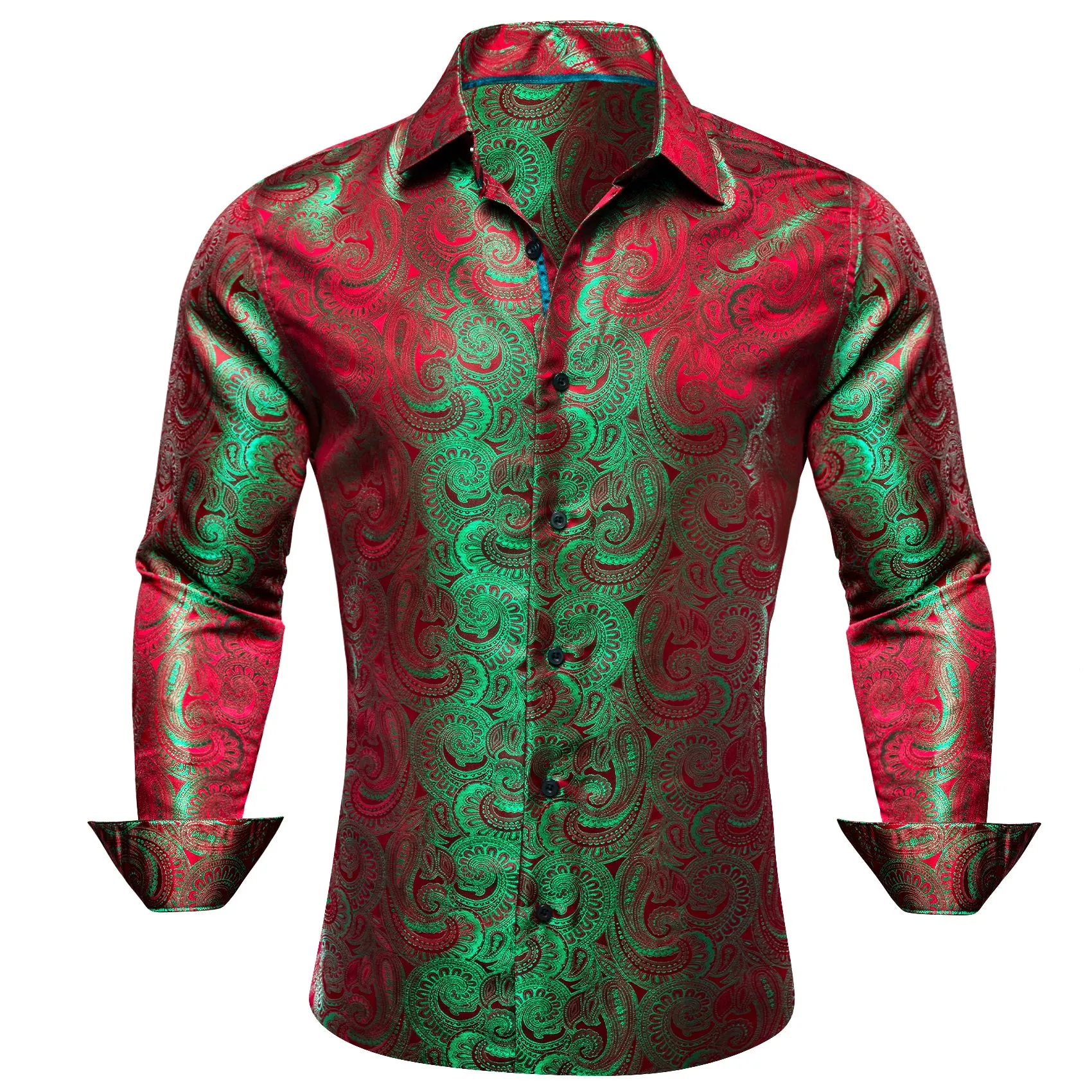 Barry Wang Button Down Shirt Green Red Silk Paisley Men's Shirt