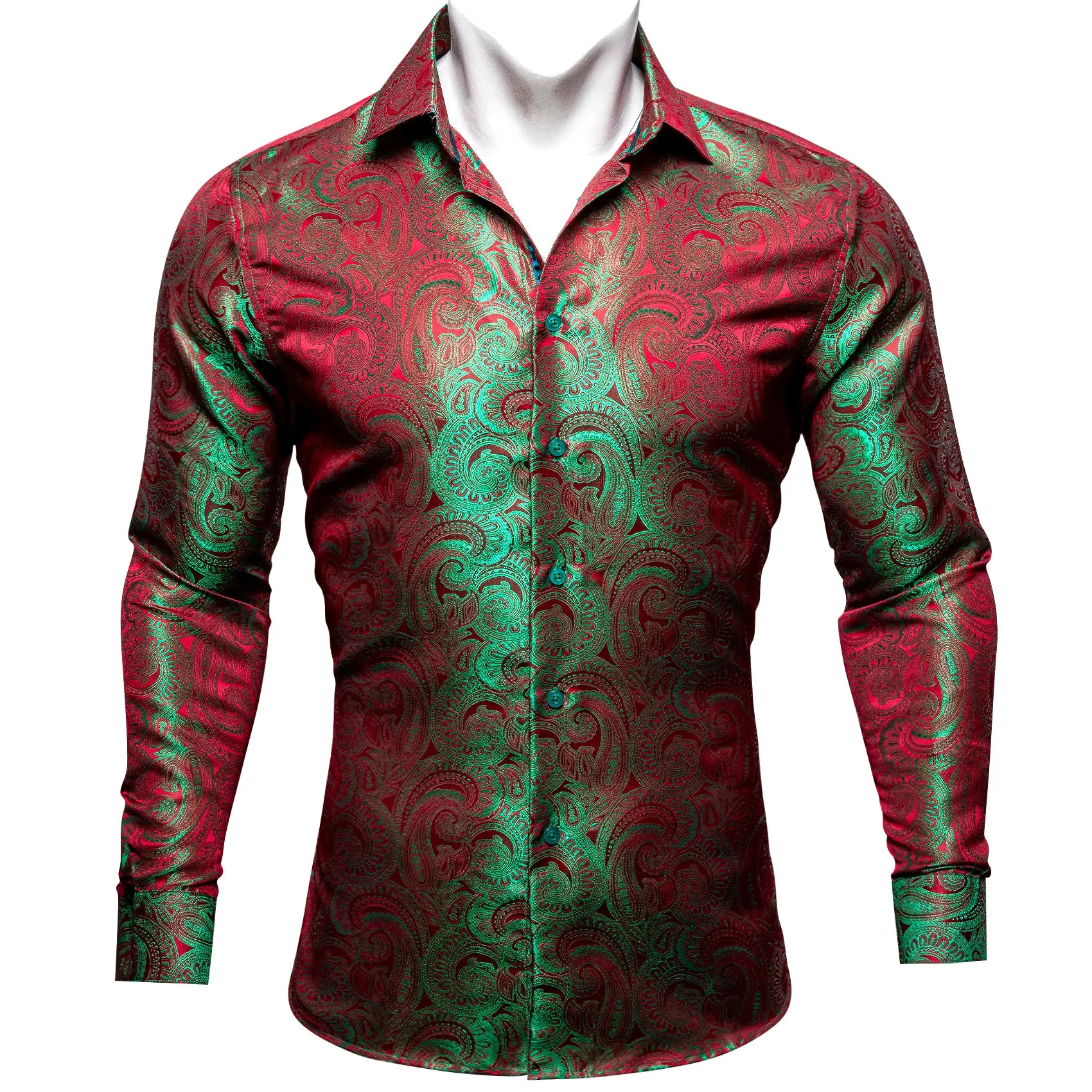 Barry Wang Button Down Shirt Green Red Silk Paisley Men's Shirt