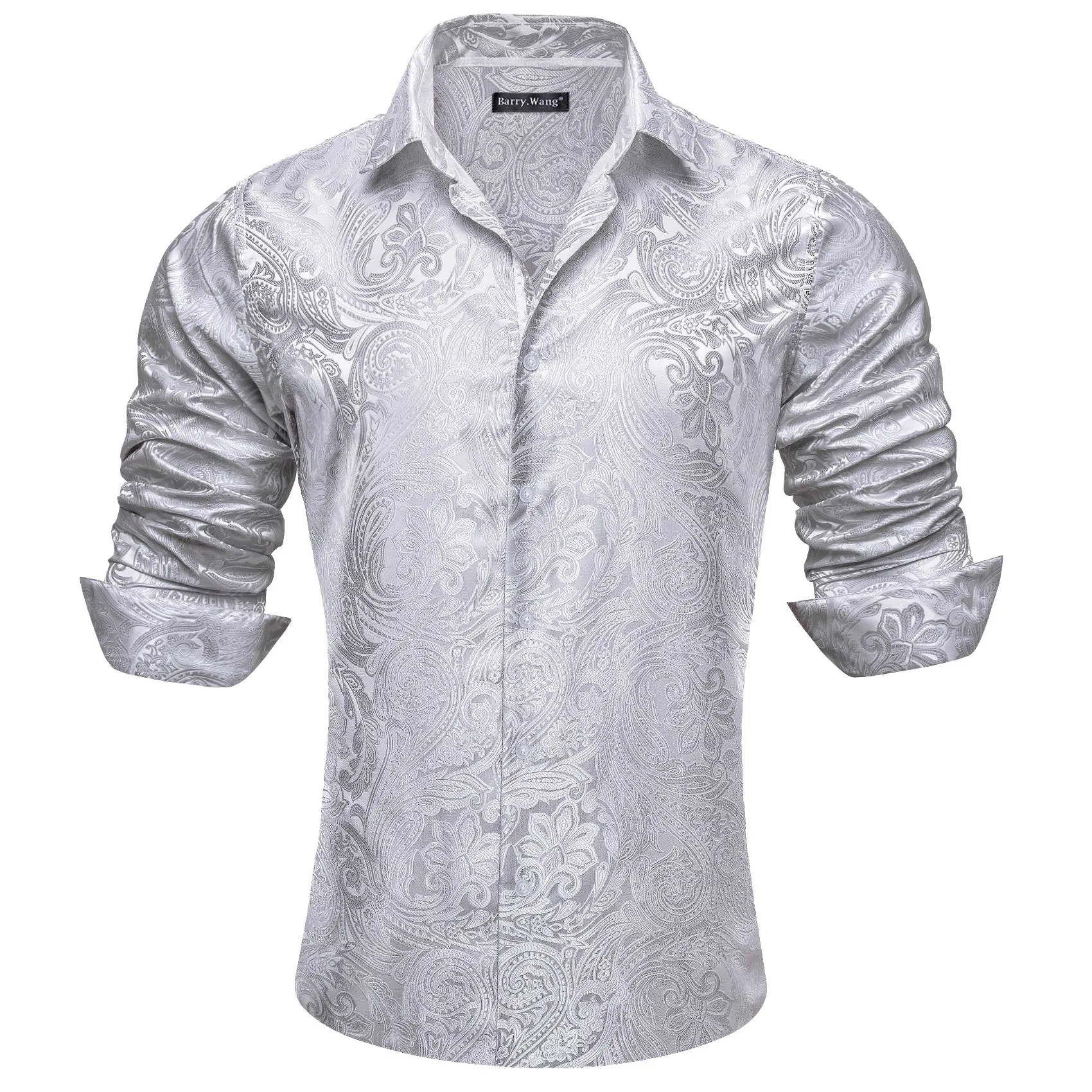 Barry Wang Button Down Shirt Grey Silver Paisley Men's Silk Shirt