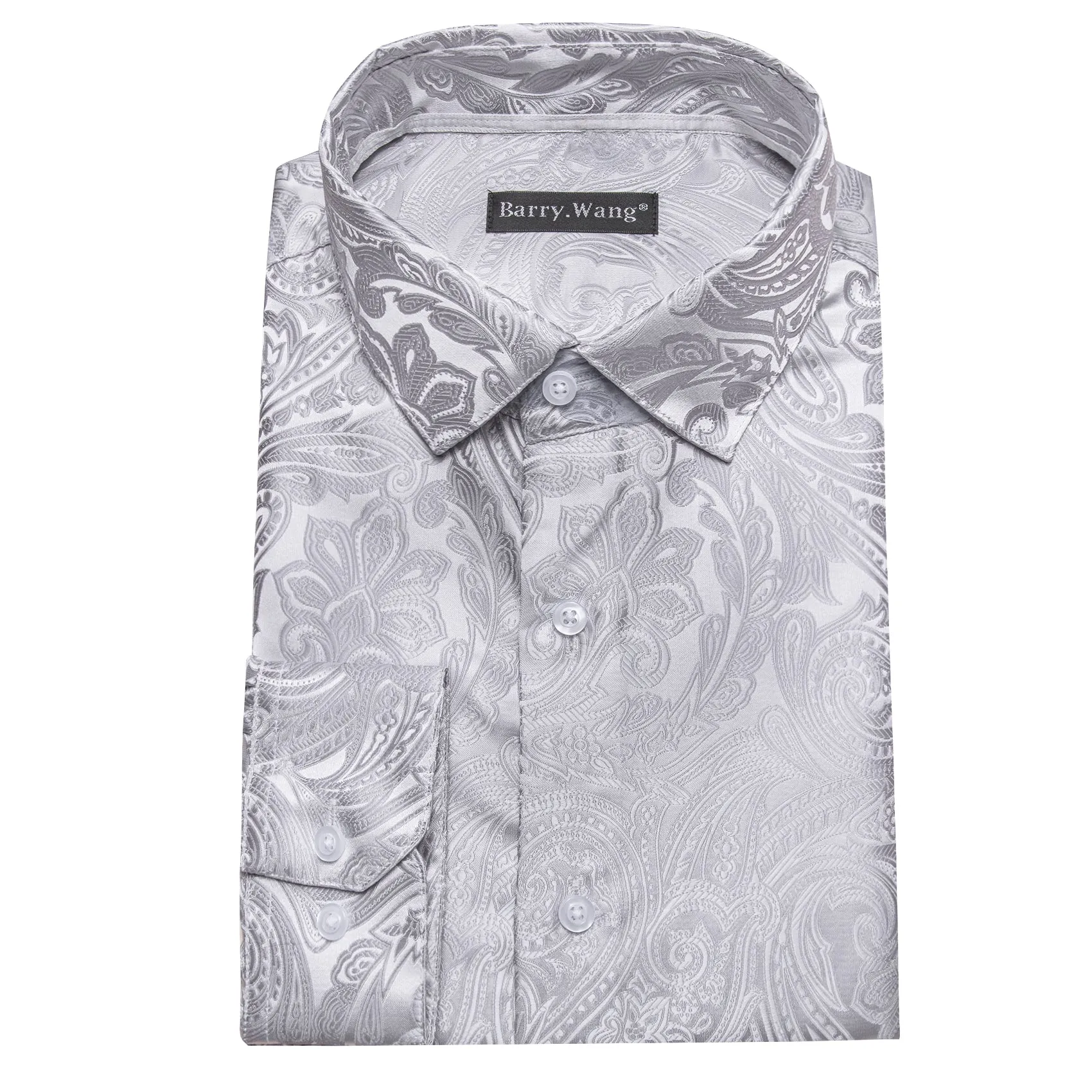 Barry Wang Button Down Shirt Grey Silver Paisley Men's Silk Shirt