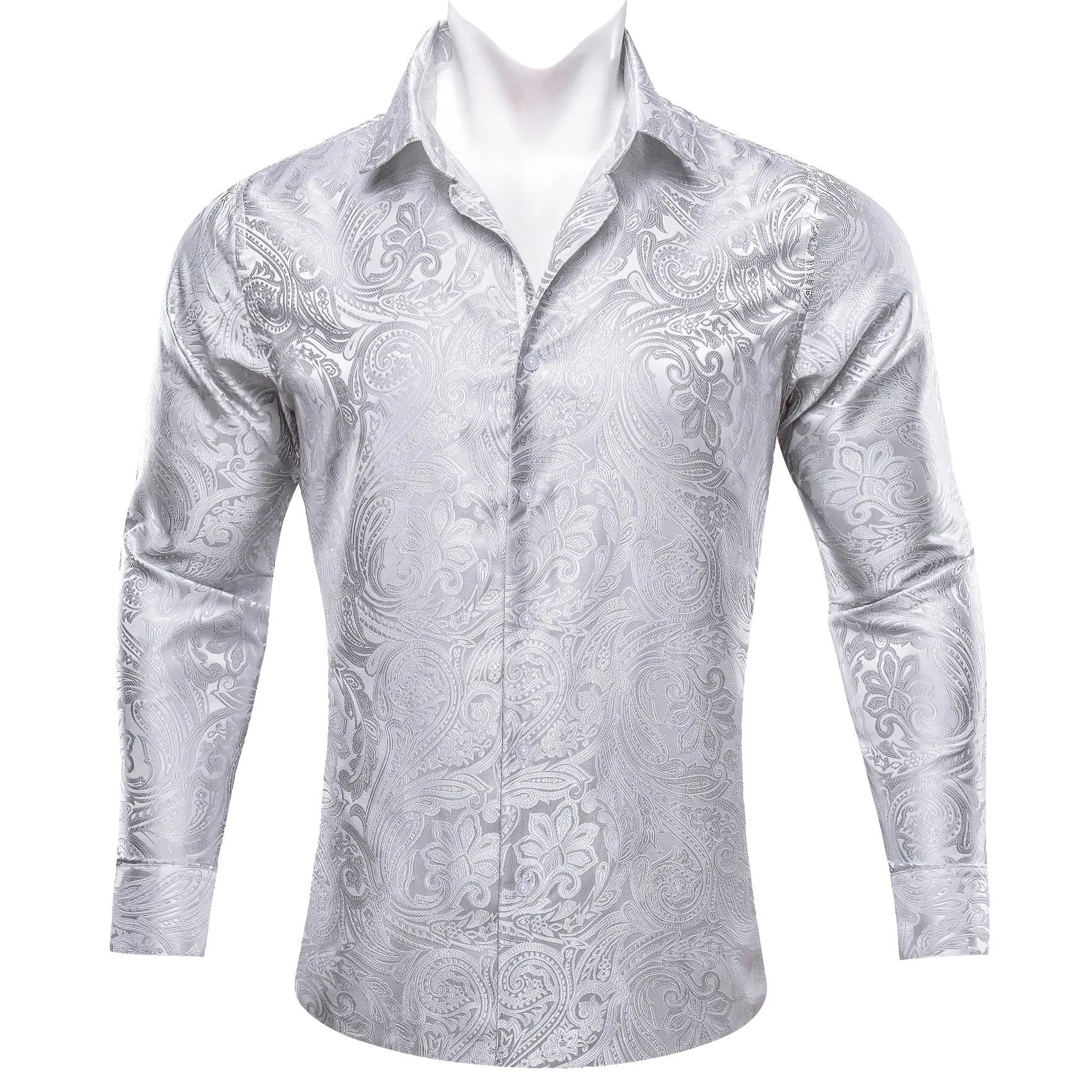 Barry Wang Button Down Shirt Grey Silver Paisley Men's Silk Shirt