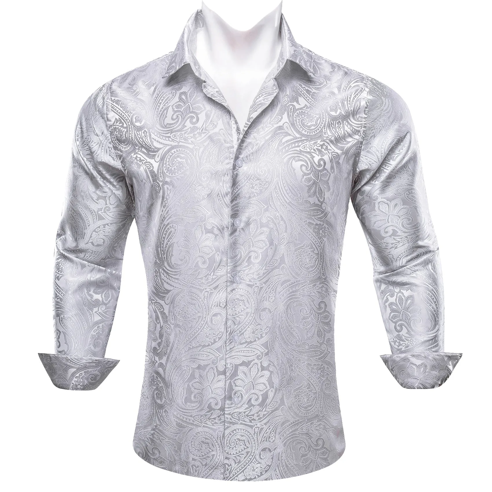 Barry Wang Button Down Shirt Grey Silver Paisley Men's Silk Shirt