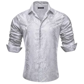 Barry Wang Button Down Shirt Grey Silver Paisley Men's Silk Shirt