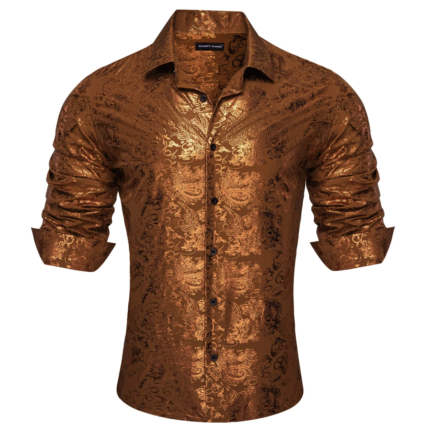 Barry.wang Bronzing Floral Shirt Silk Caramel Brown Men's Long Sleeve Shirt
