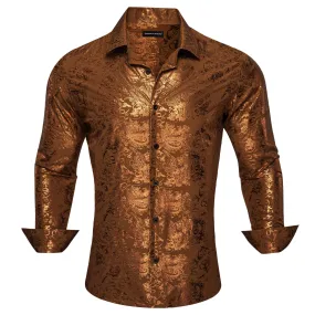 Barry.wang Bronzing Floral Shirt Silk Caramel Brown Men's Long Sleeve Shirt