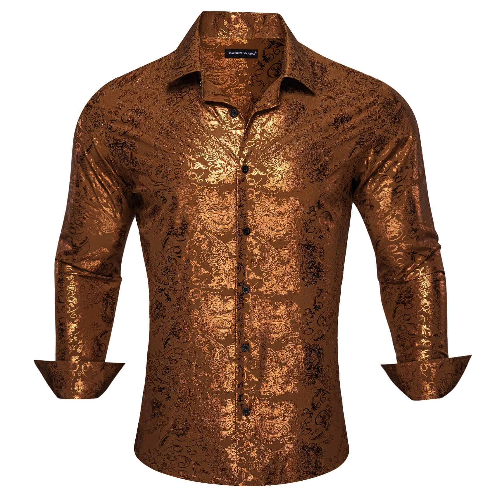 Barry.wang Bronzing Floral Shirt Silk Caramel Brown Men's Long Sleeve Shirt