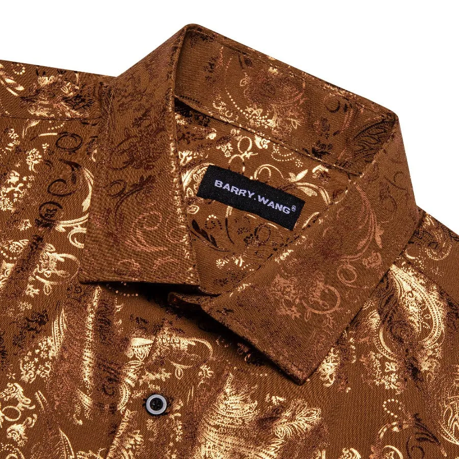 Barry.wang Bronzing Floral Shirt Silk Caramel Brown Men's Long Sleeve Shirt