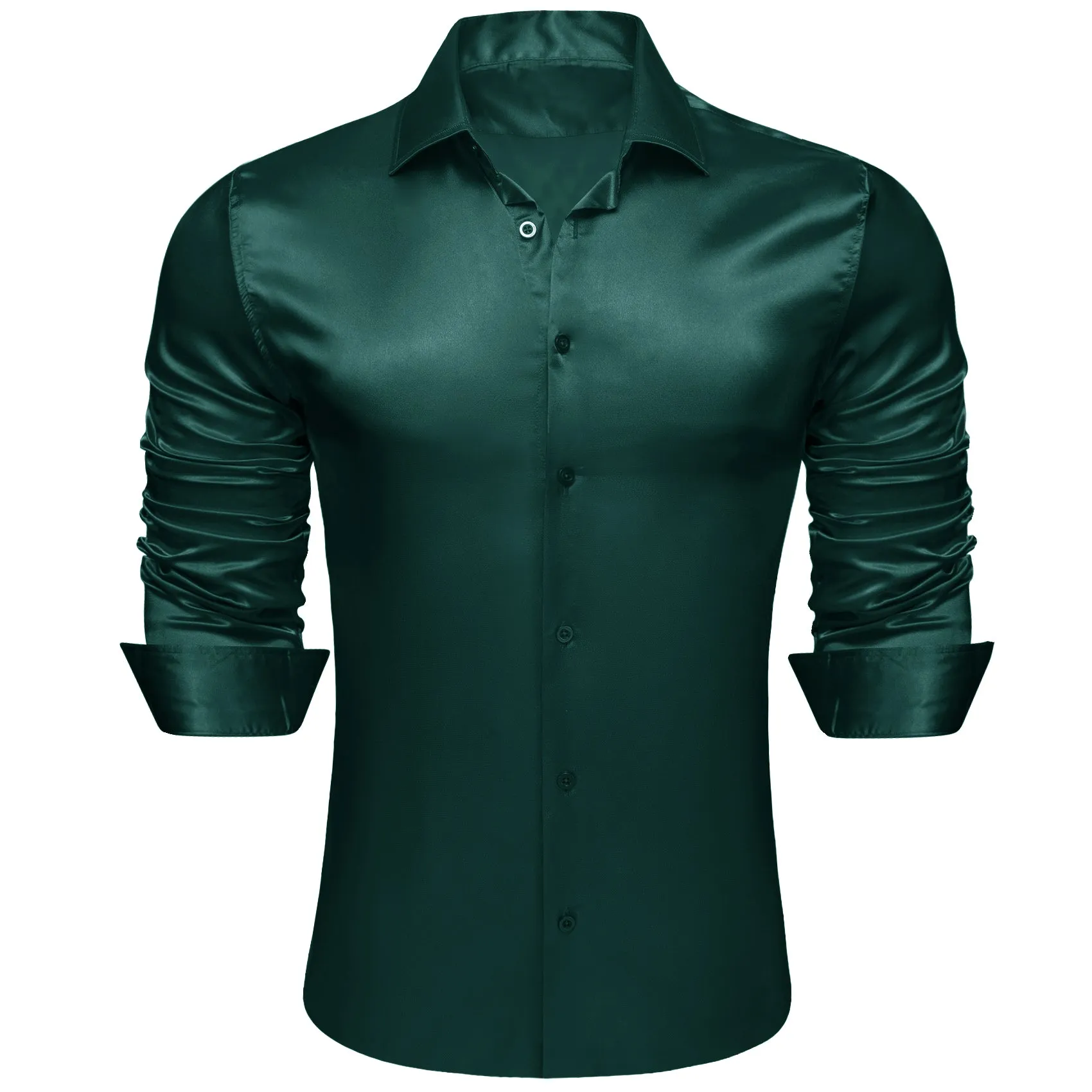 Barry.wang Dark Green Solid Silk Men's Long Sleeve Shirt