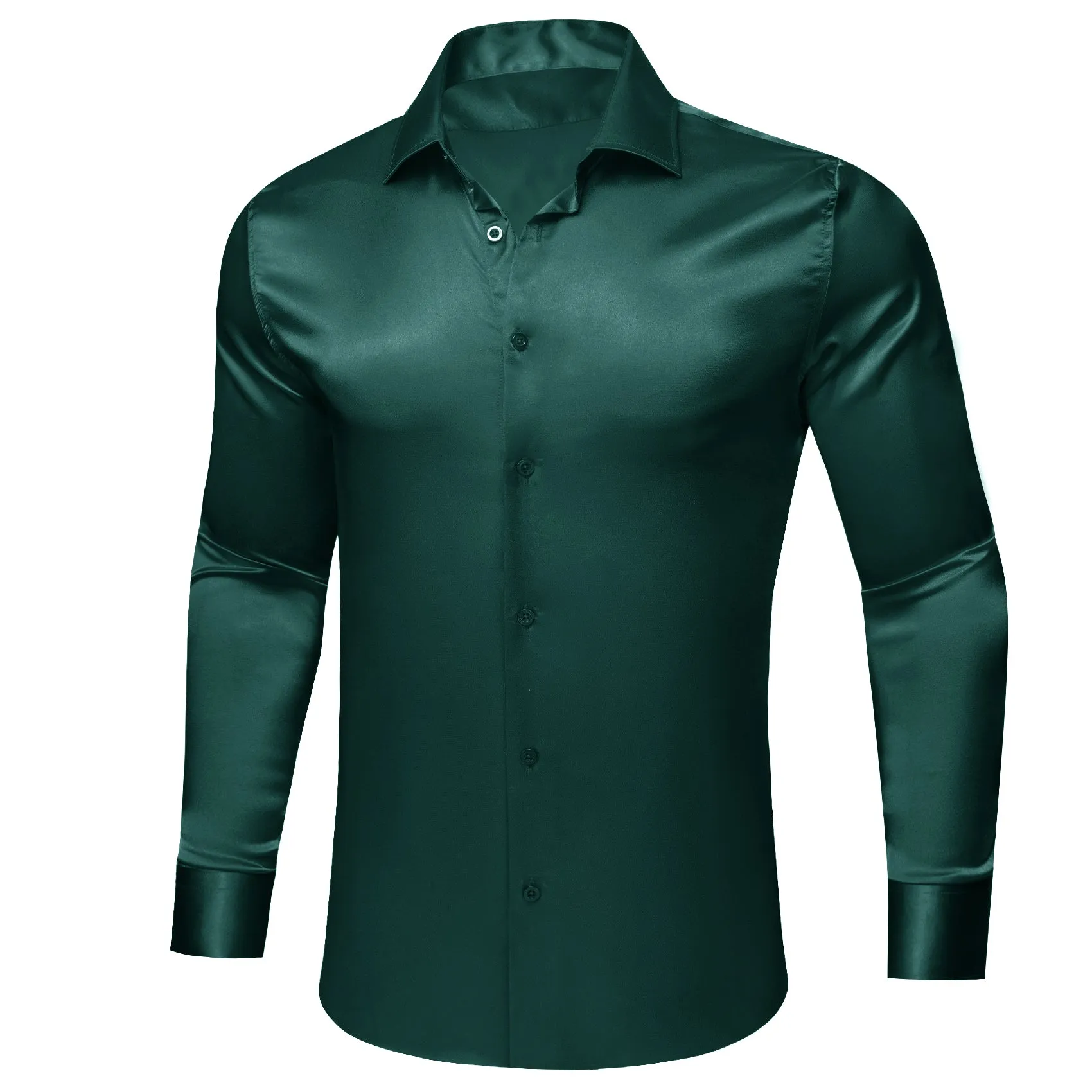 Barry.wang Dark Green Solid Silk Men's Long Sleeve Shirt