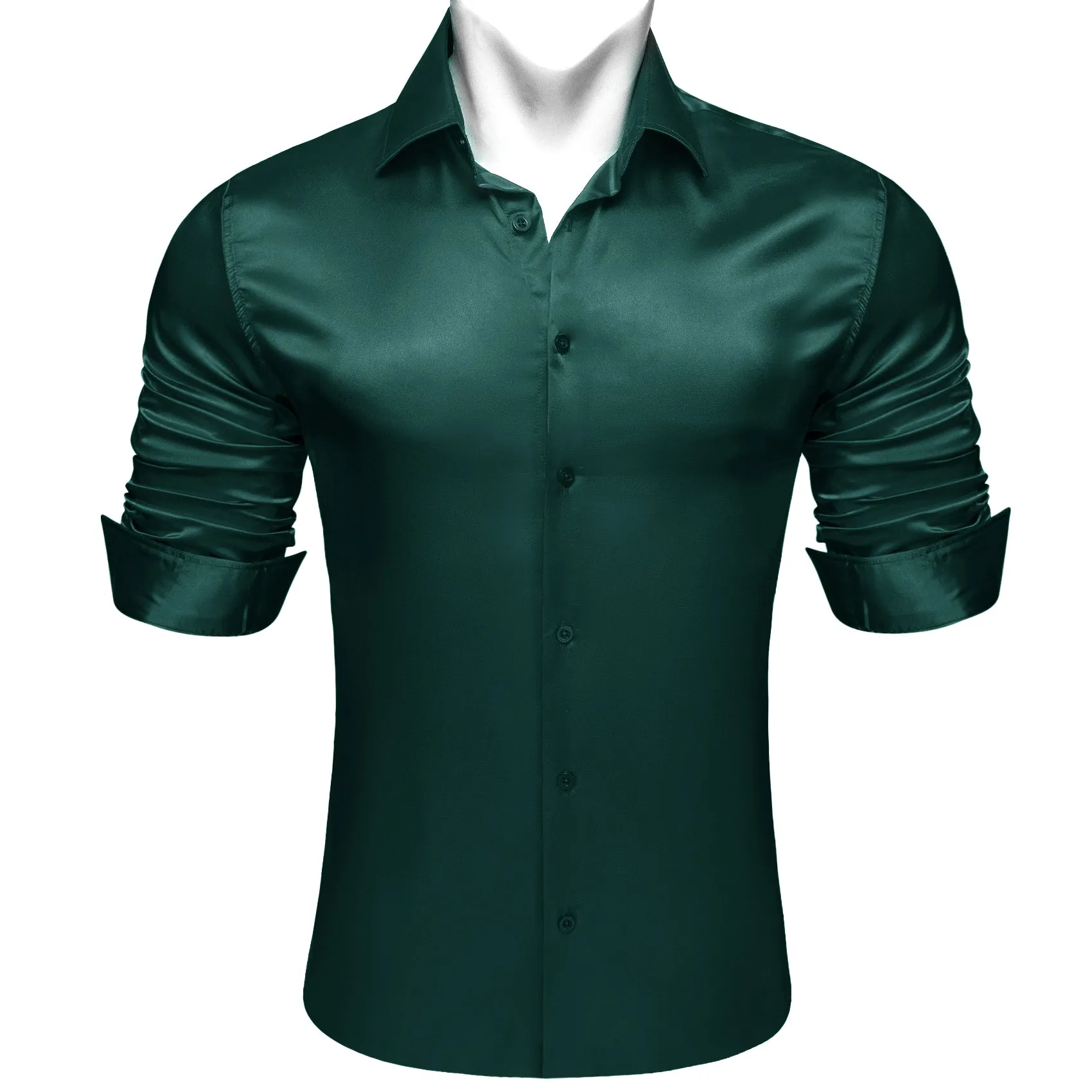 Barry.wang Dark Green Solid Silk Men's Long Sleeve Shirt