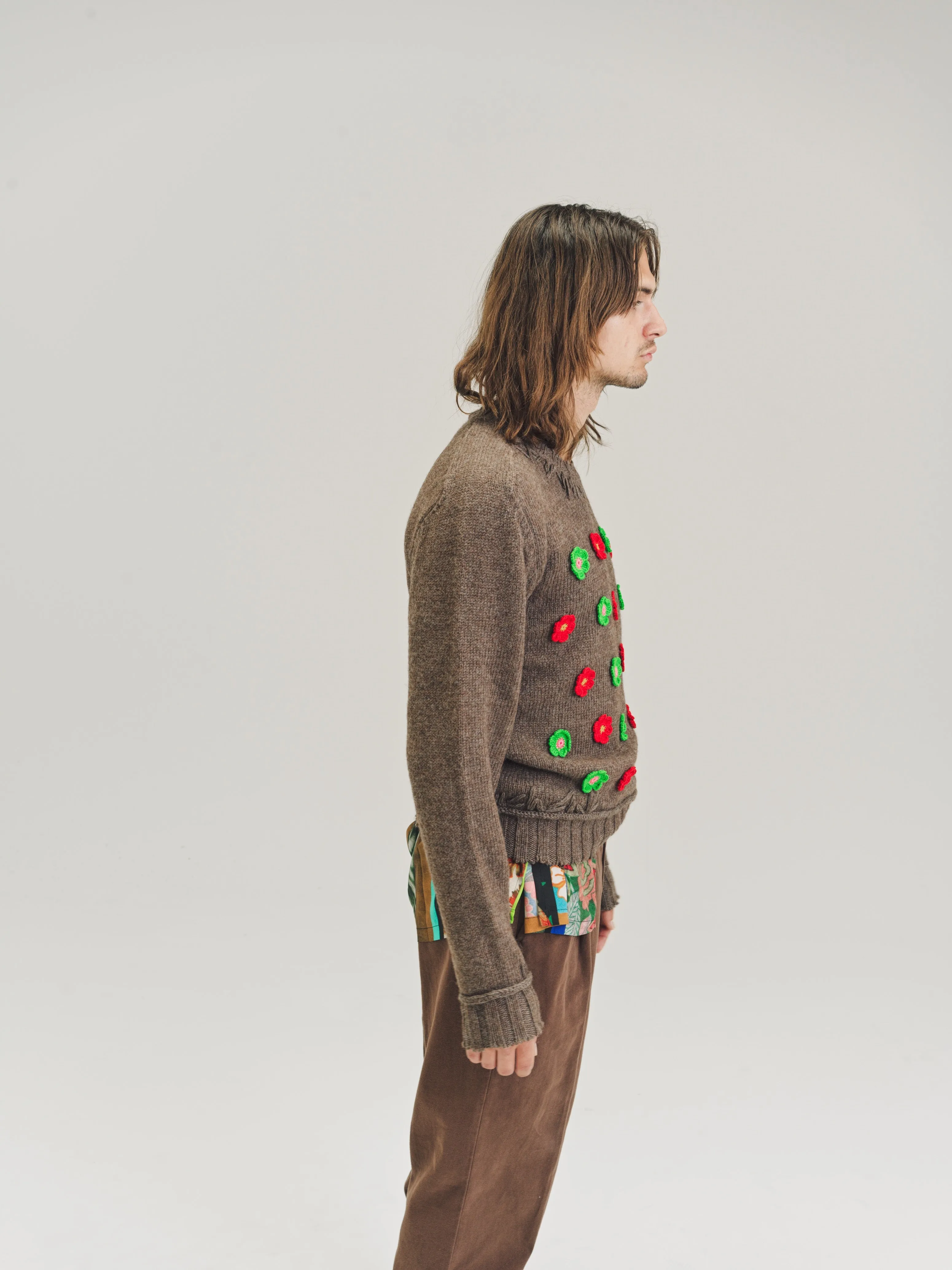 Bear Brown Viking Alpaca Wool Flower Knit Sweater