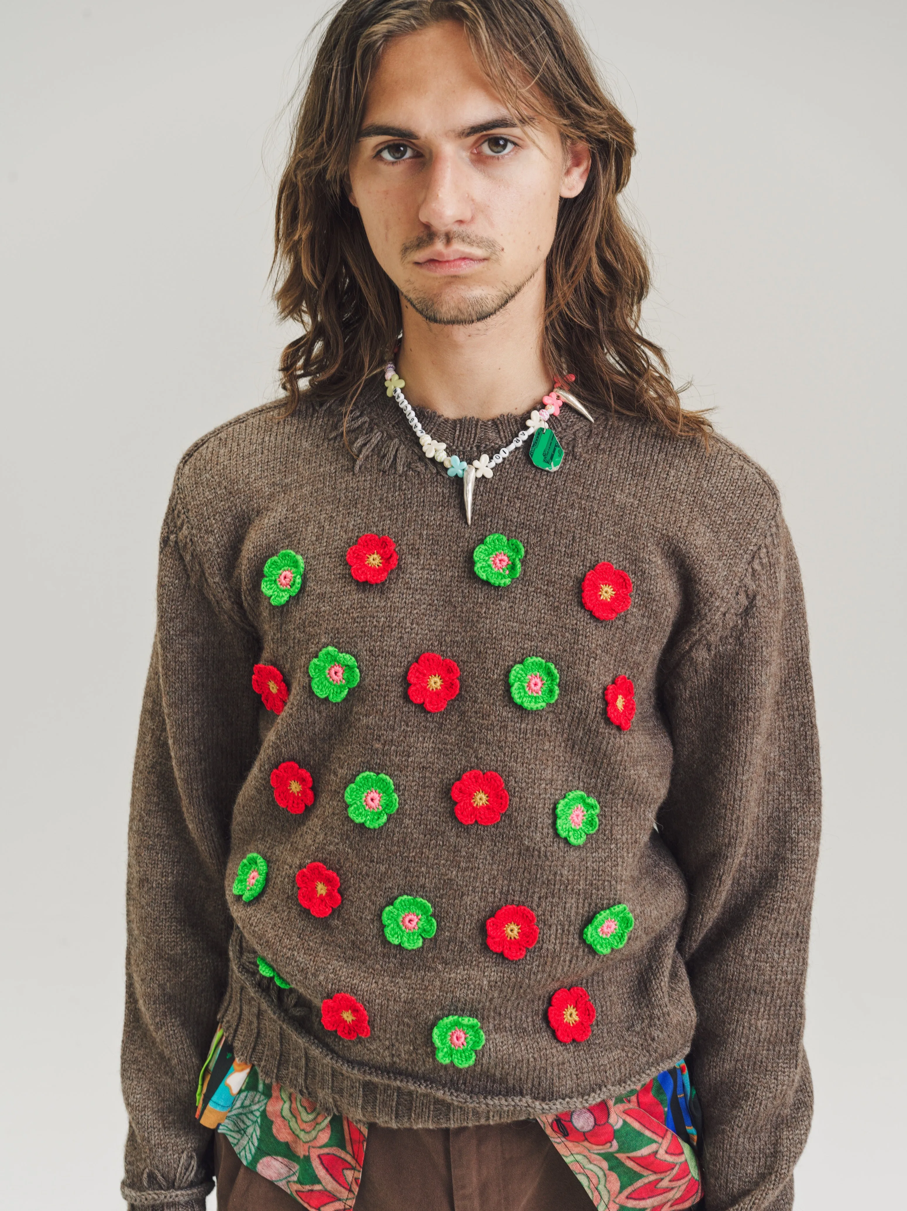 Bear Brown Viking Alpaca Wool Flower Knit Sweater
