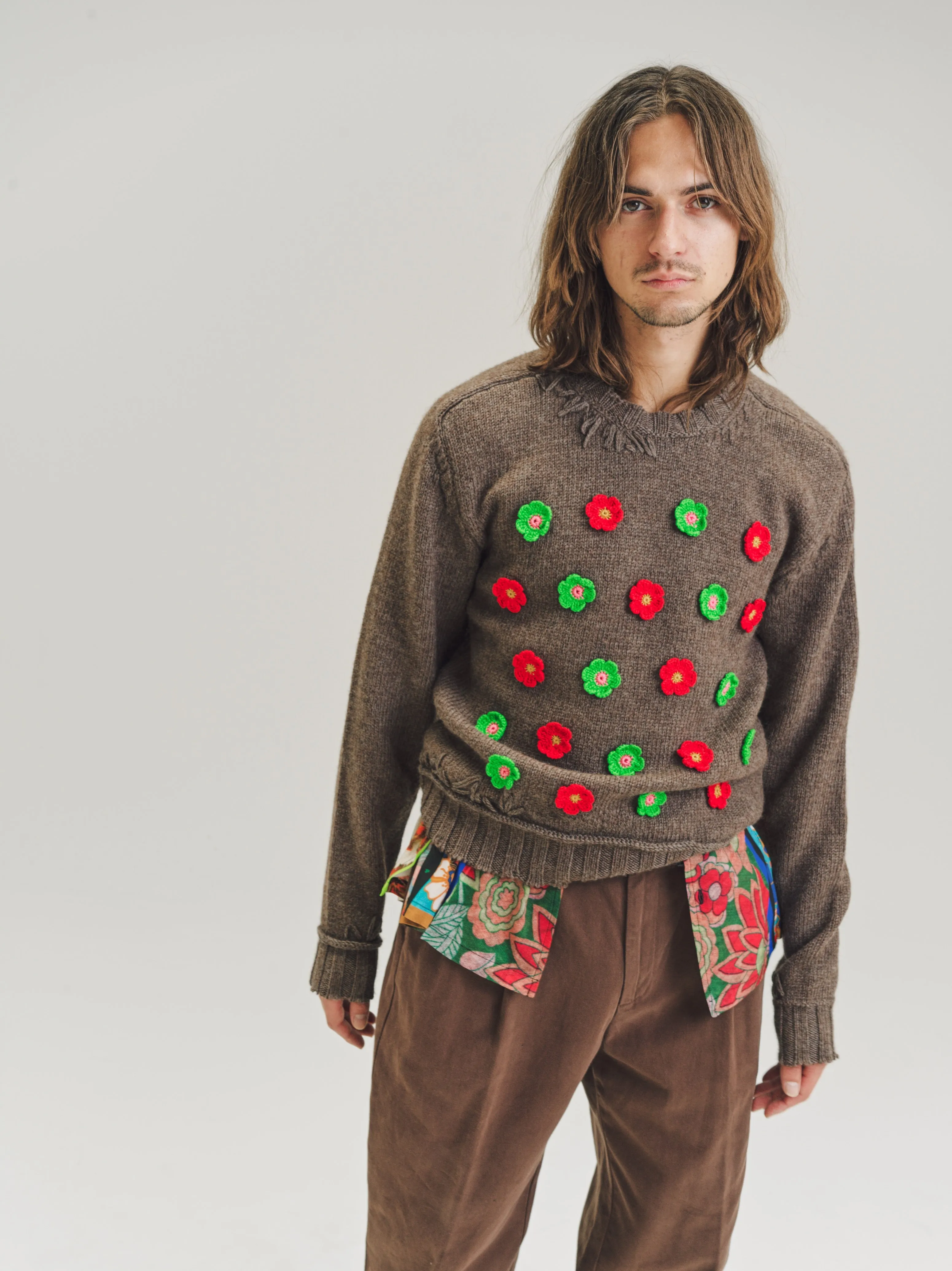 Bear Brown Viking Alpaca Wool Flower Knit Sweater