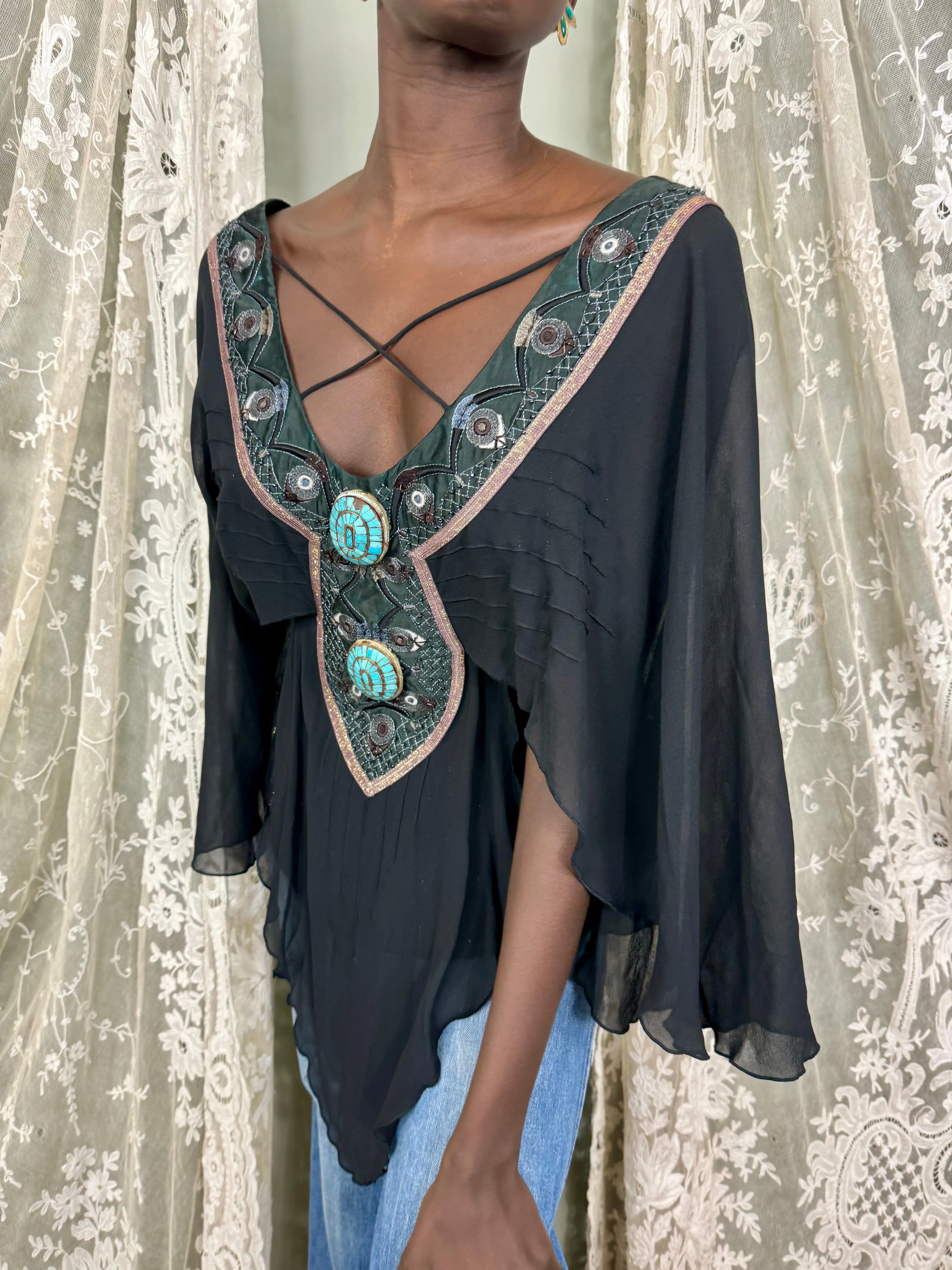 Bella, 70s silk and American Indian jewelled blouse