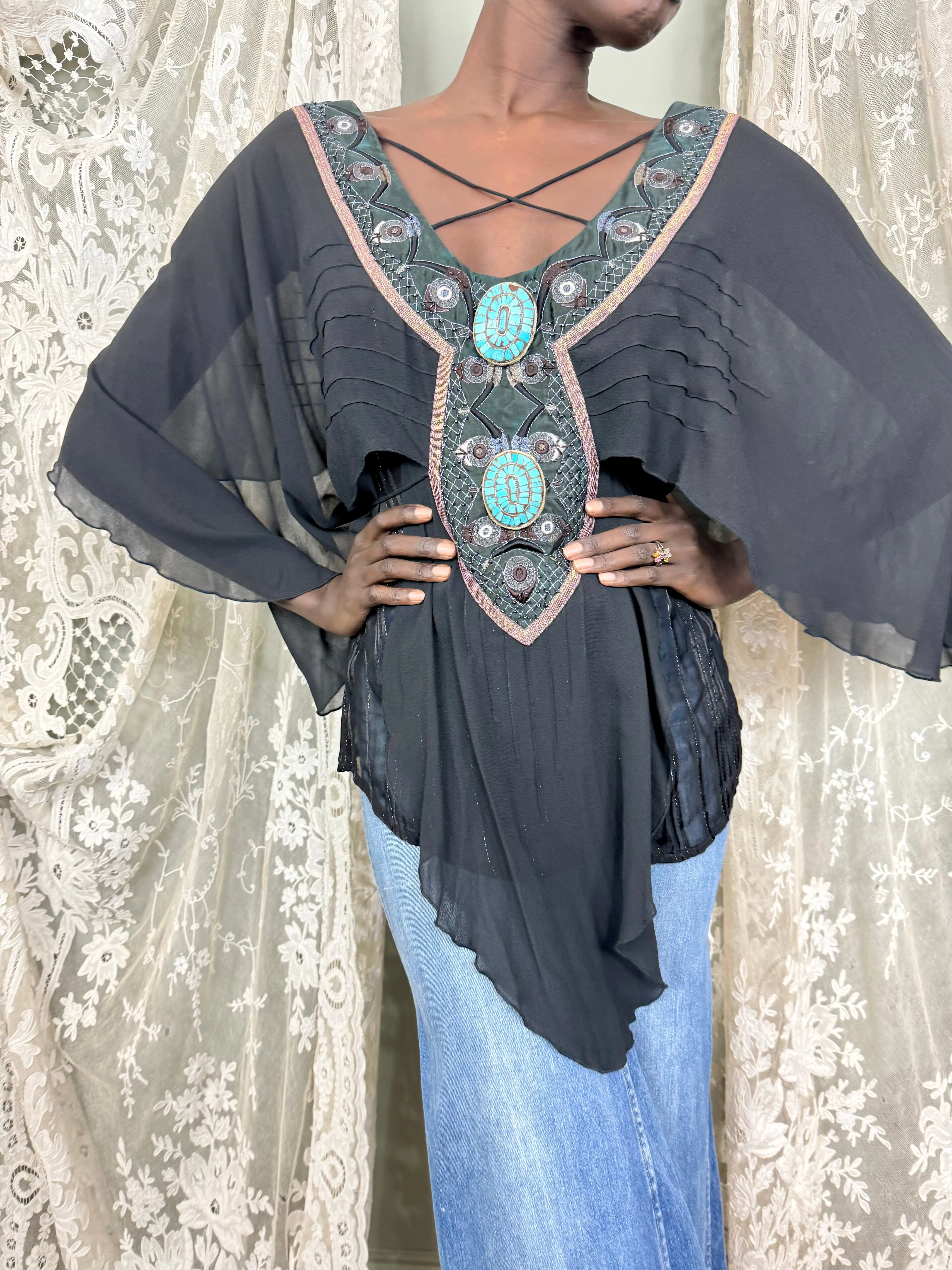 Bella, 70s silk and American Indian jewelled blouse