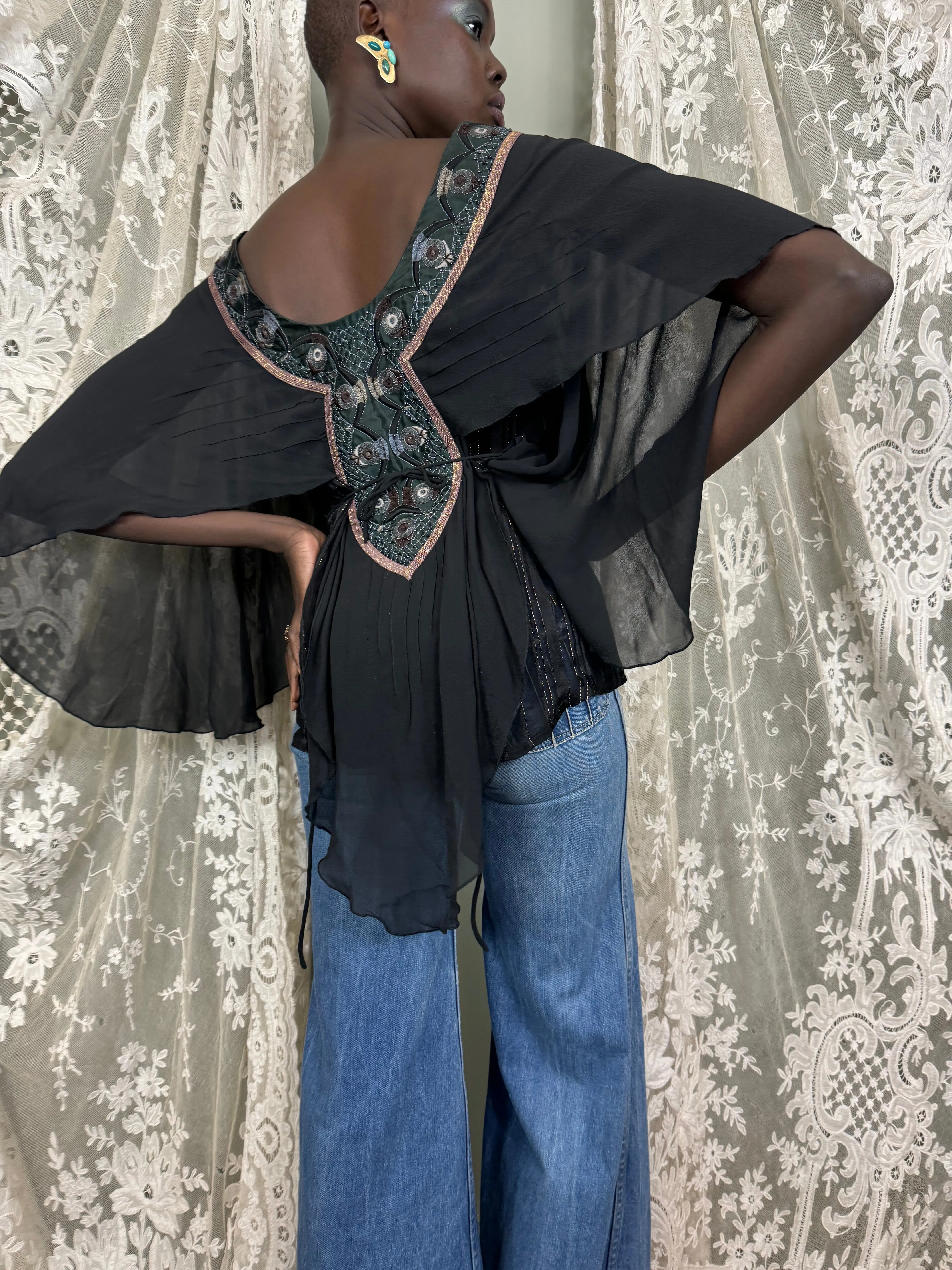 Bella, 70s silk and American Indian jewelled blouse