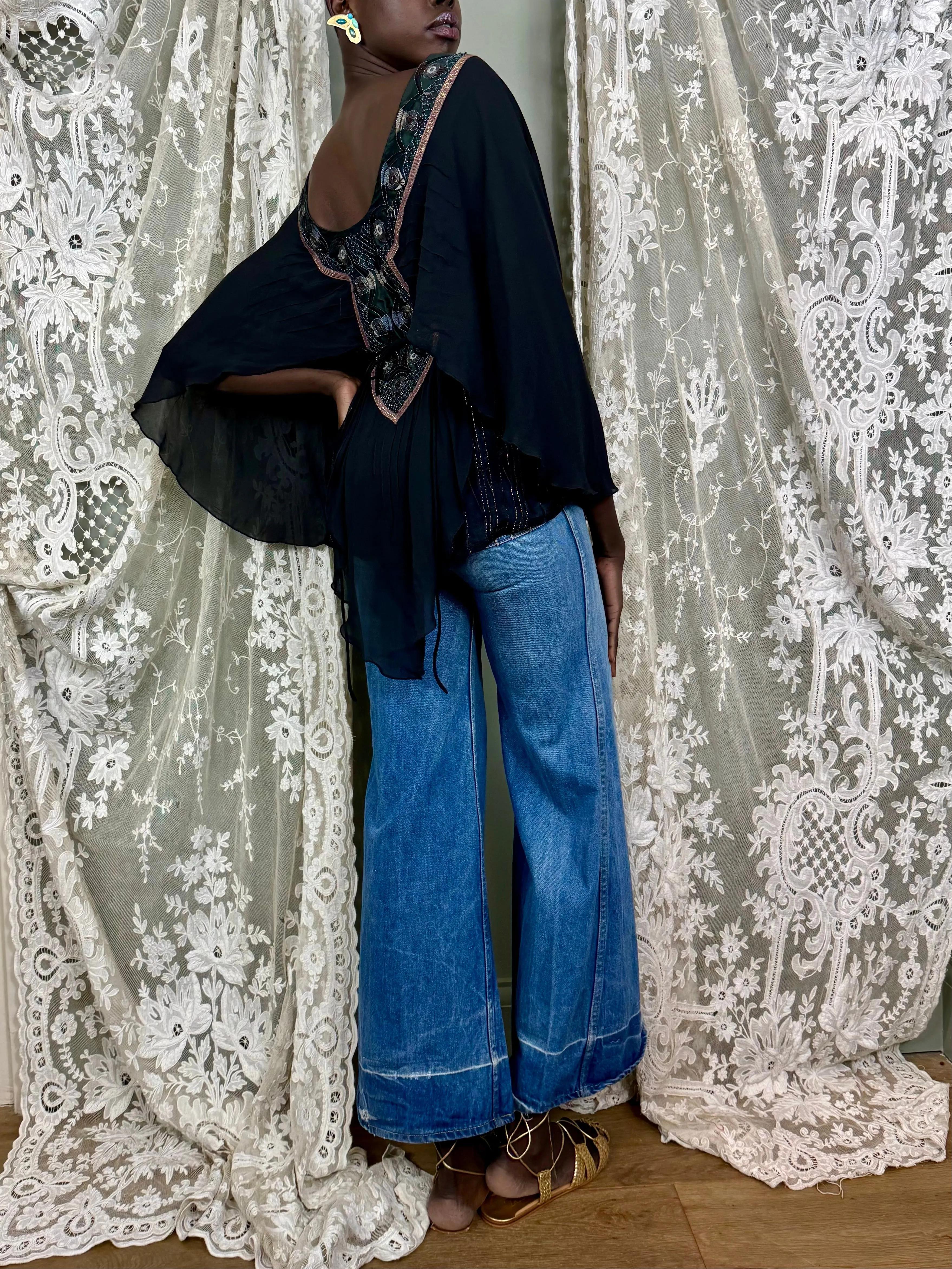 Bella, 70s silk and American Indian jewelled blouse