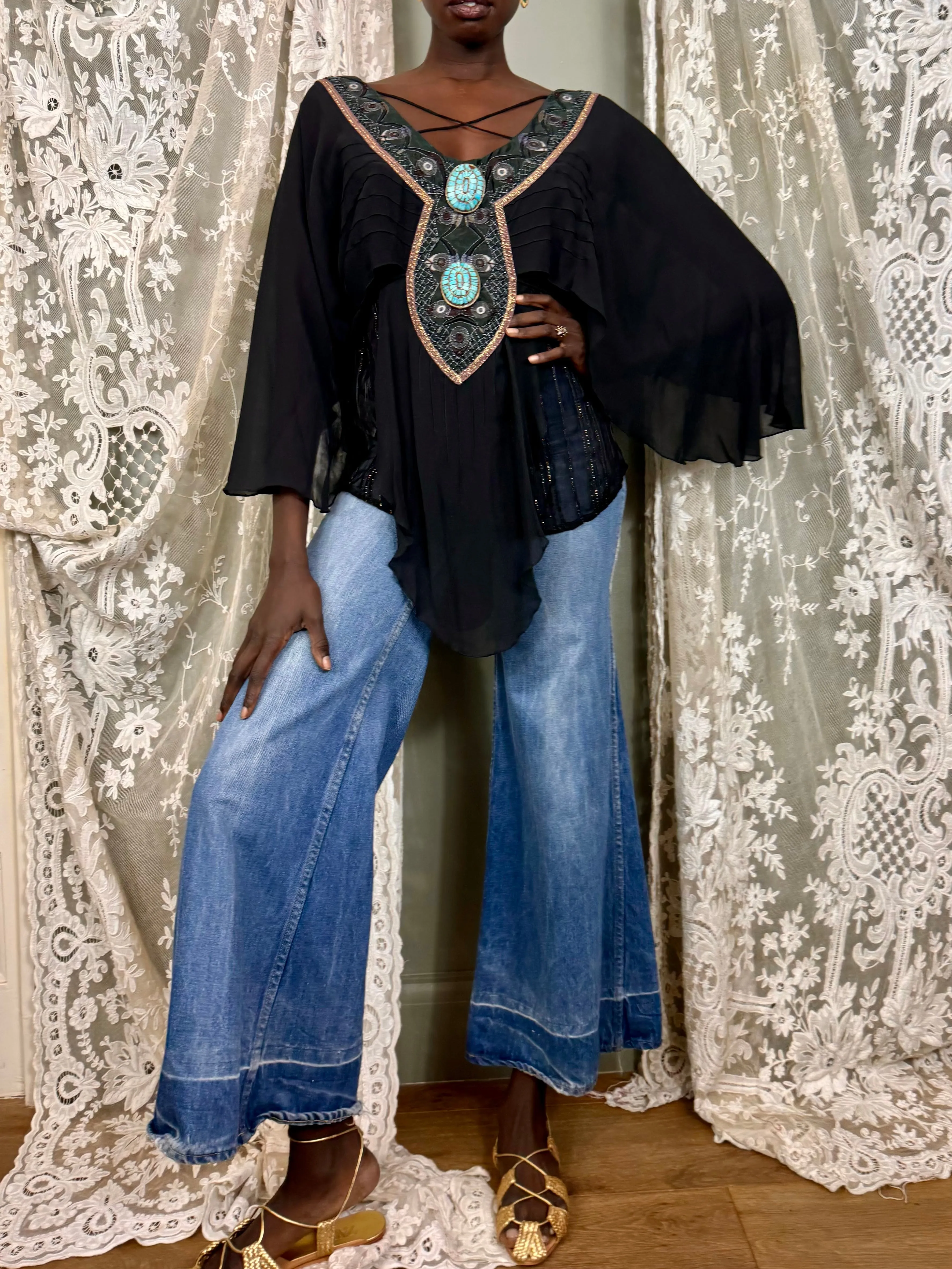 Bella, 70s silk and American Indian jewelled blouse