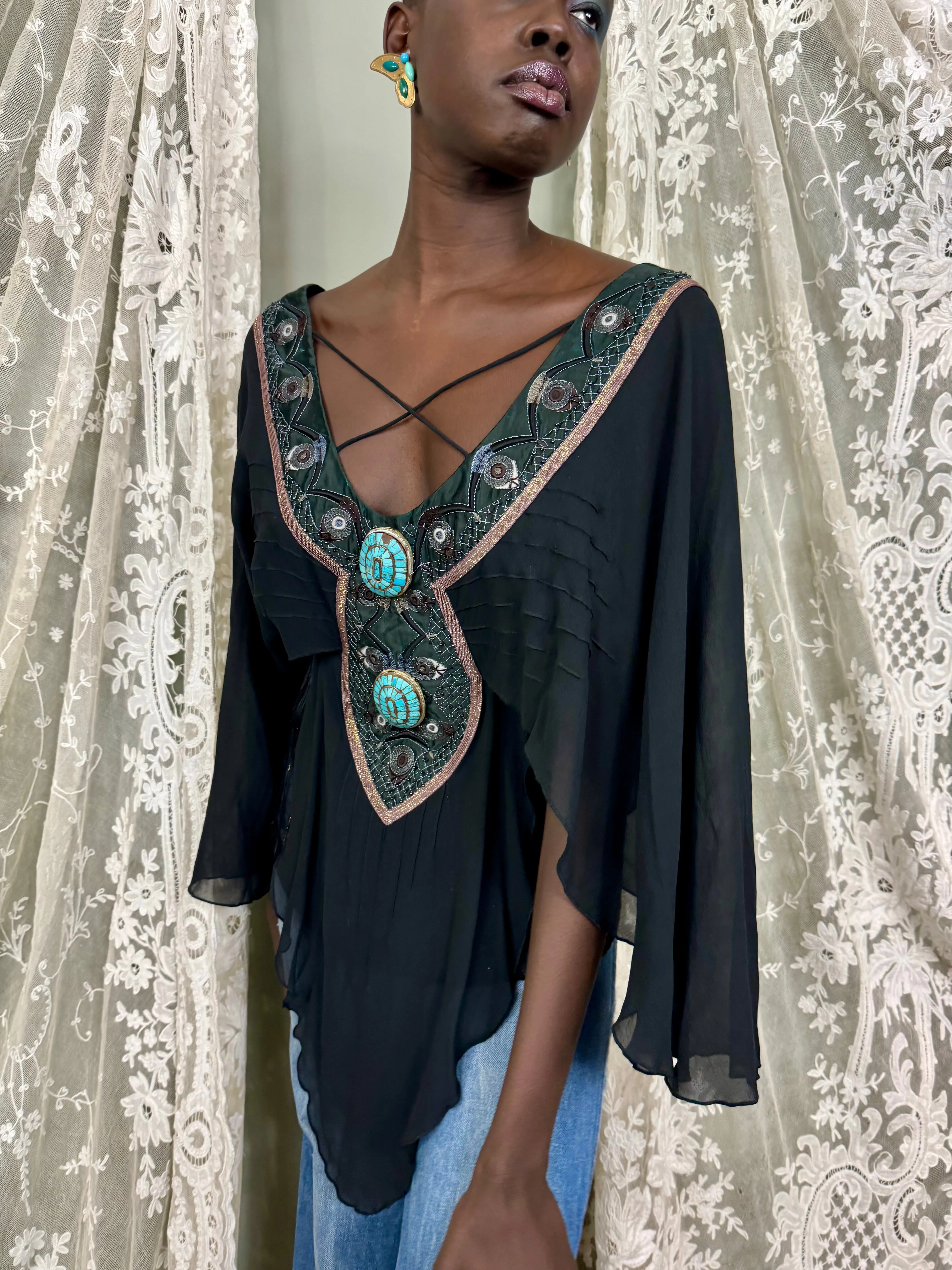 Bella, 70s silk and American Indian jewelled blouse