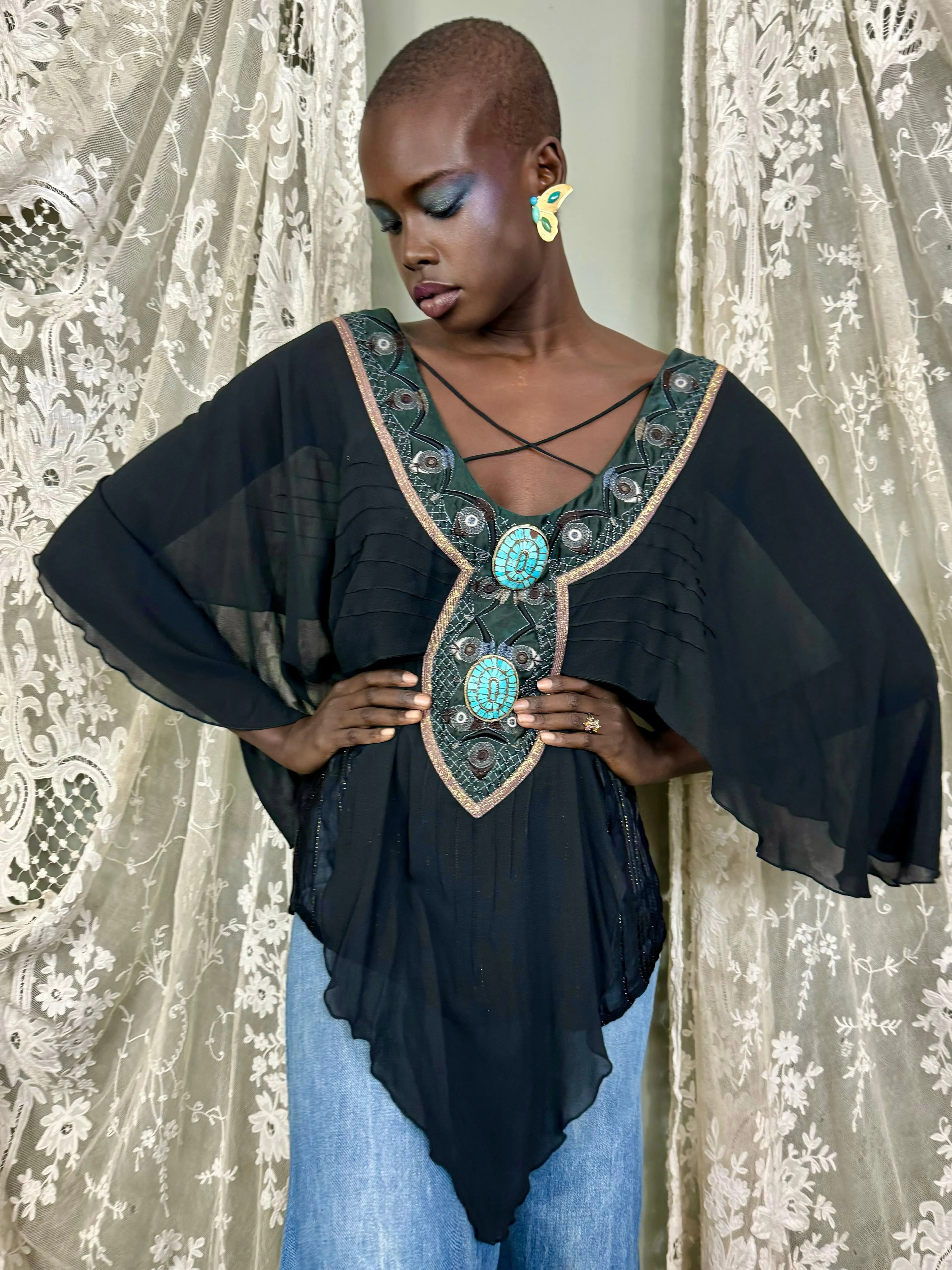 Bella, 70s silk and American Indian jewelled blouse