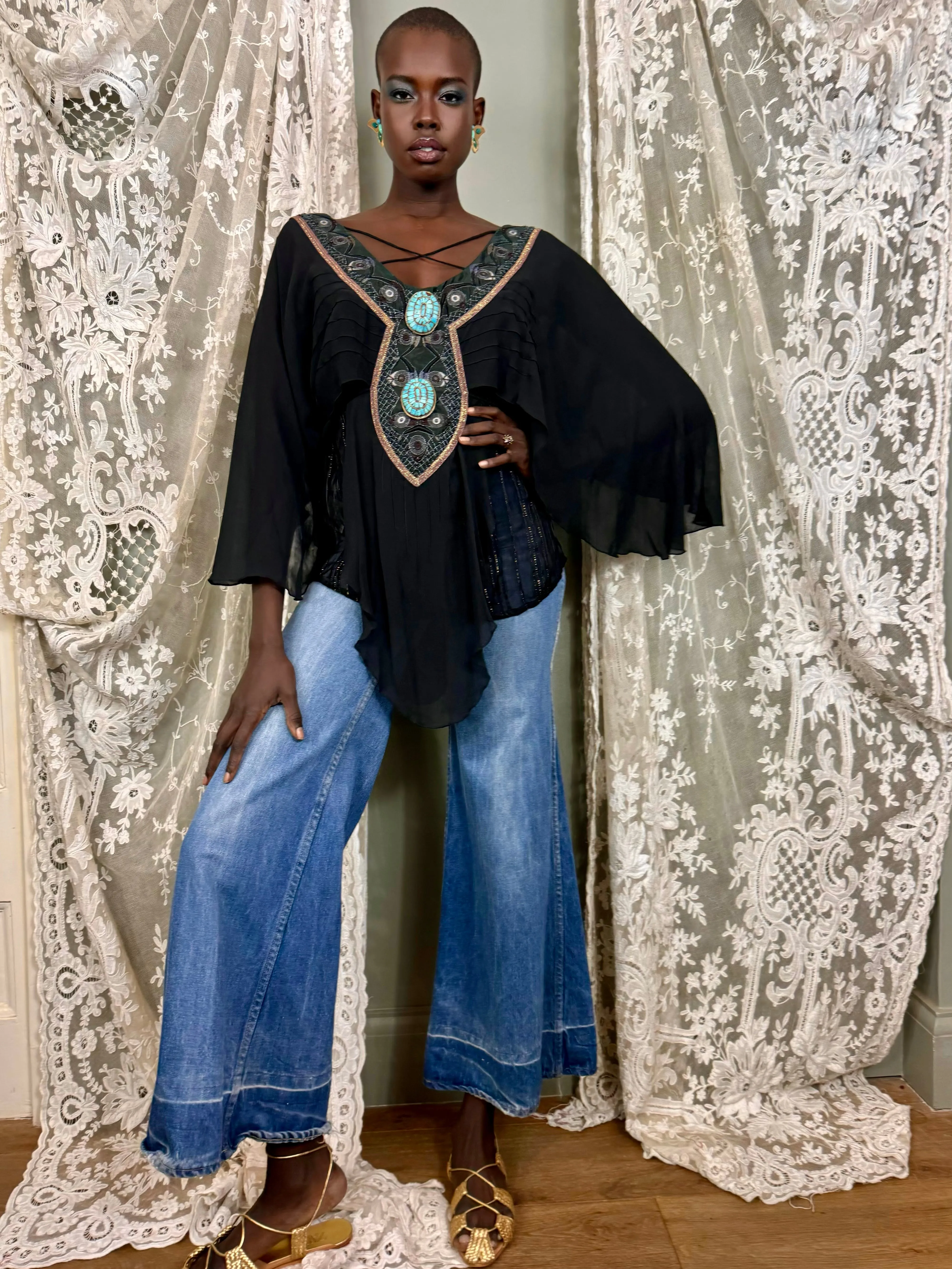 Bella, 70s silk and American Indian jewelled blouse