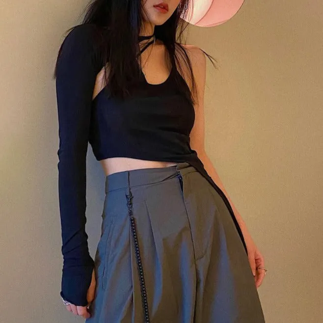 Black Beige Edgy Irregular One Sleeve Slim Crop Top