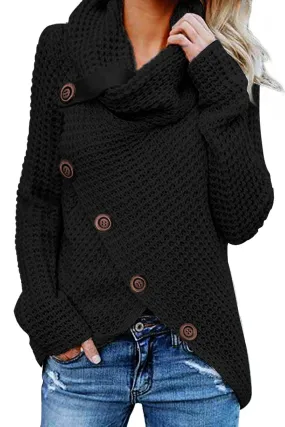 Black Buttoned Wrap Turtleneck Sweater