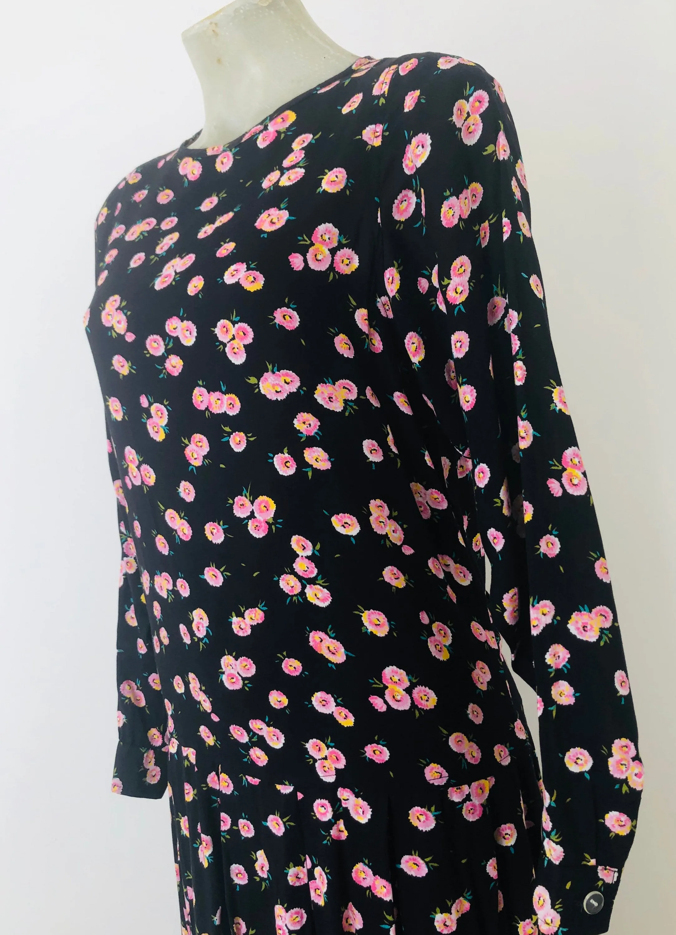 Black ditsy print drop-waisted midi dress