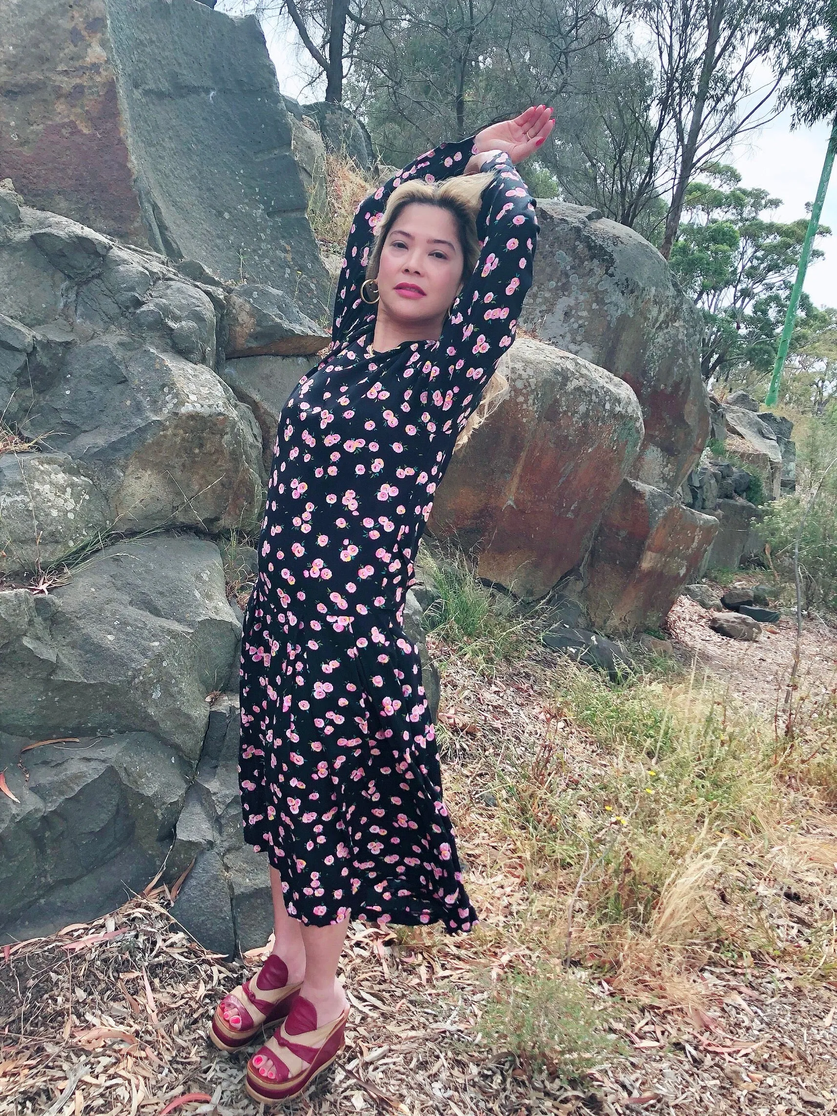 Black ditsy print drop-waisted midi dress