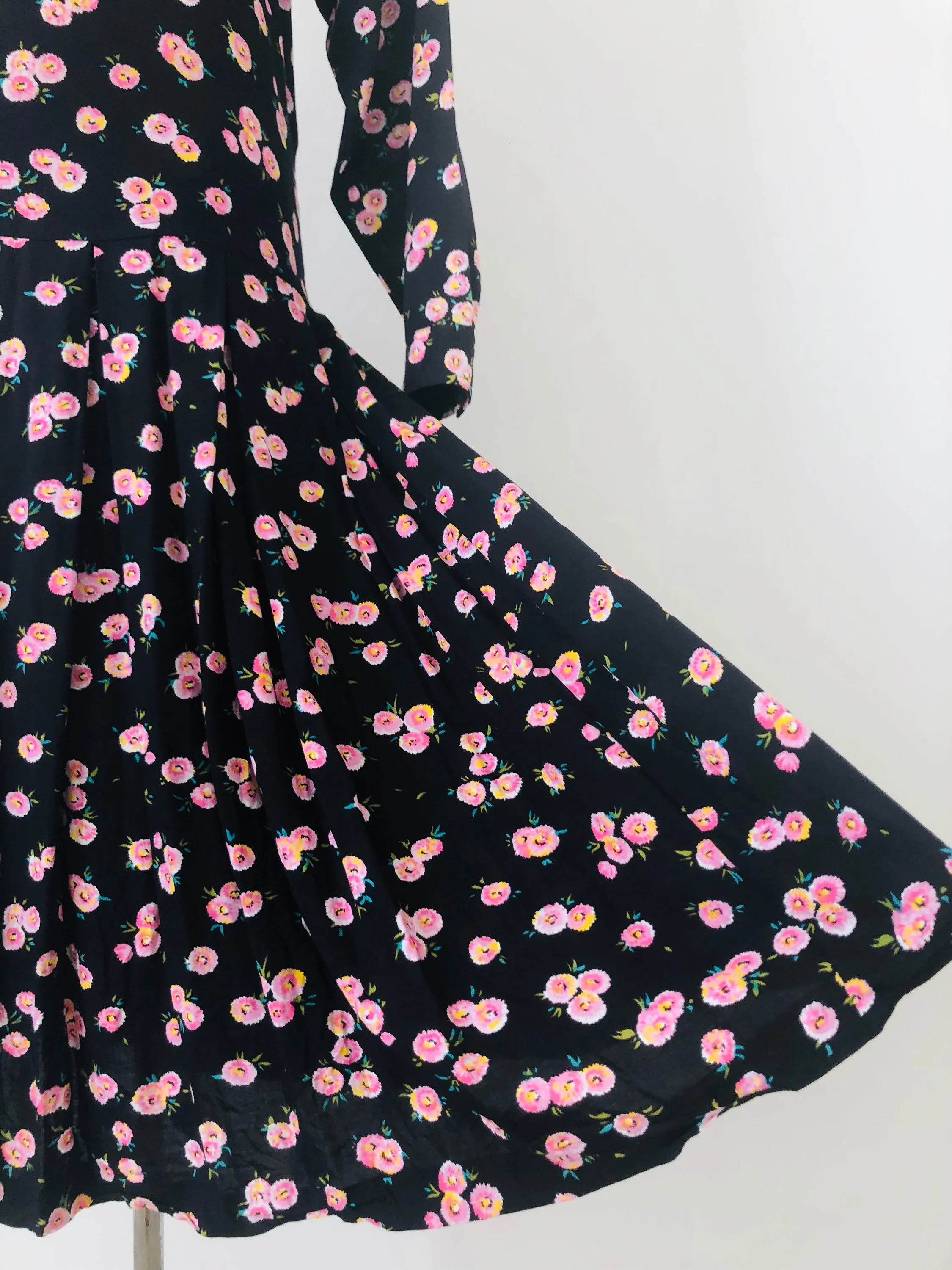 Black ditsy print drop-waisted midi dress