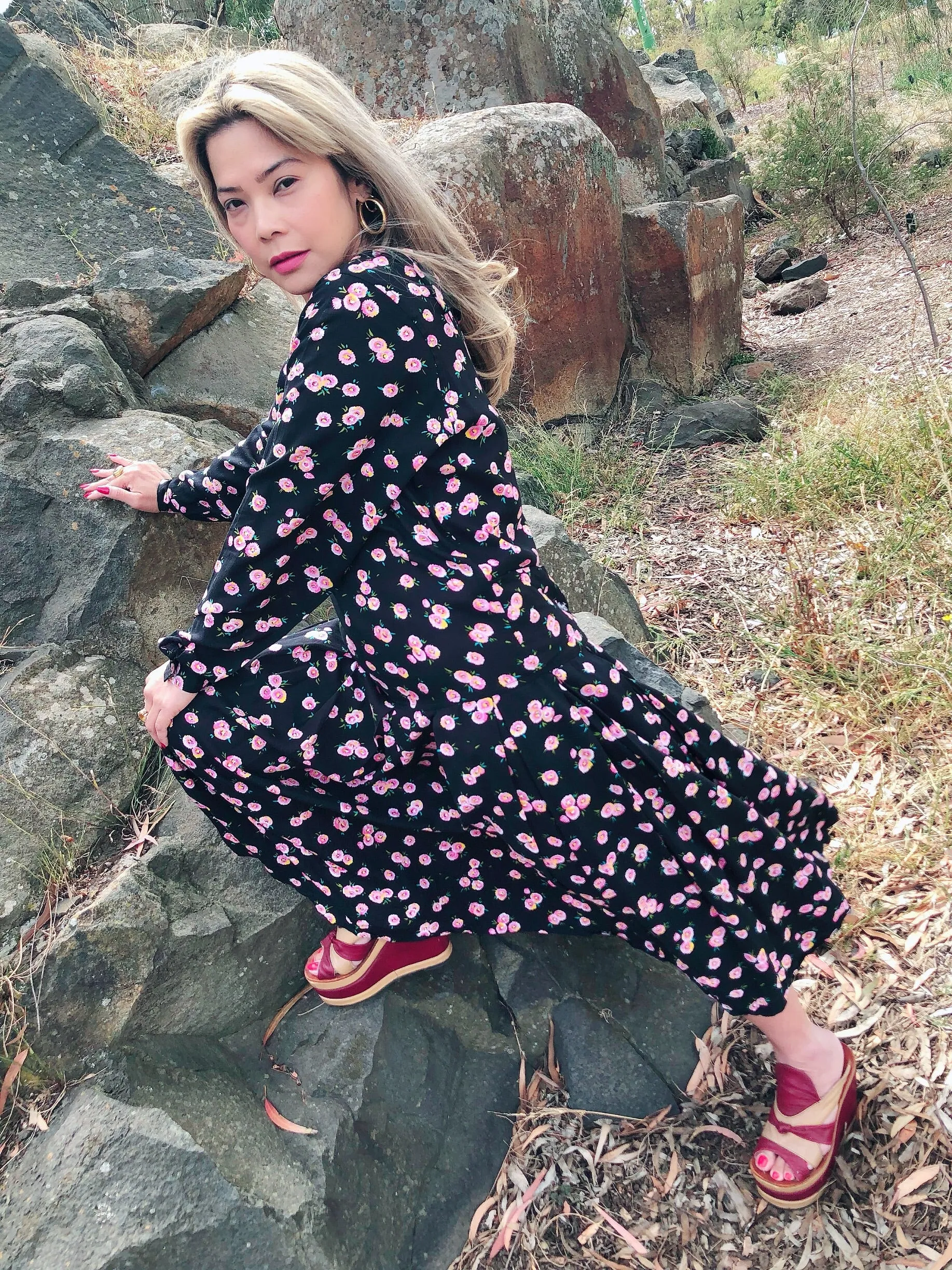 Black ditsy print drop-waisted midi dress