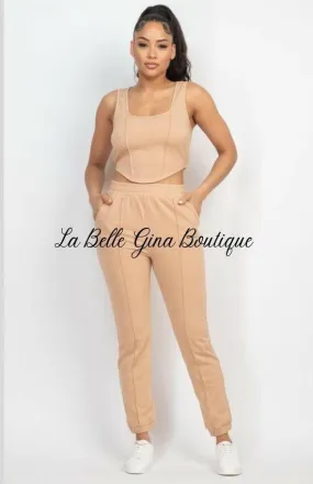 BOO corset tank top and jogger pants set.