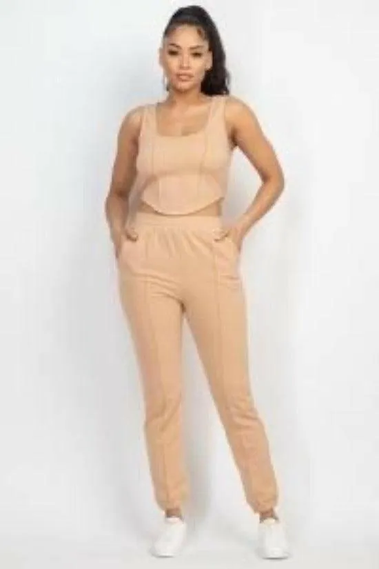 BOO corset tank top and jogger pants set.